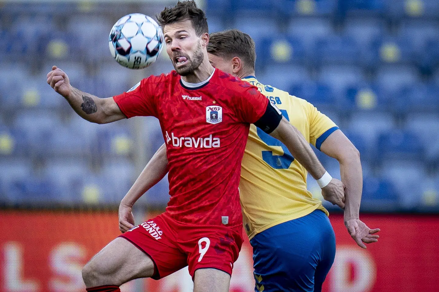 Patrick Mortensen gav AGF føringen på straffespark mod Brøndby, men det endte med pointdeling på Brøndby Stadion. Liselotte Sabroe/Ritzau Scanpix