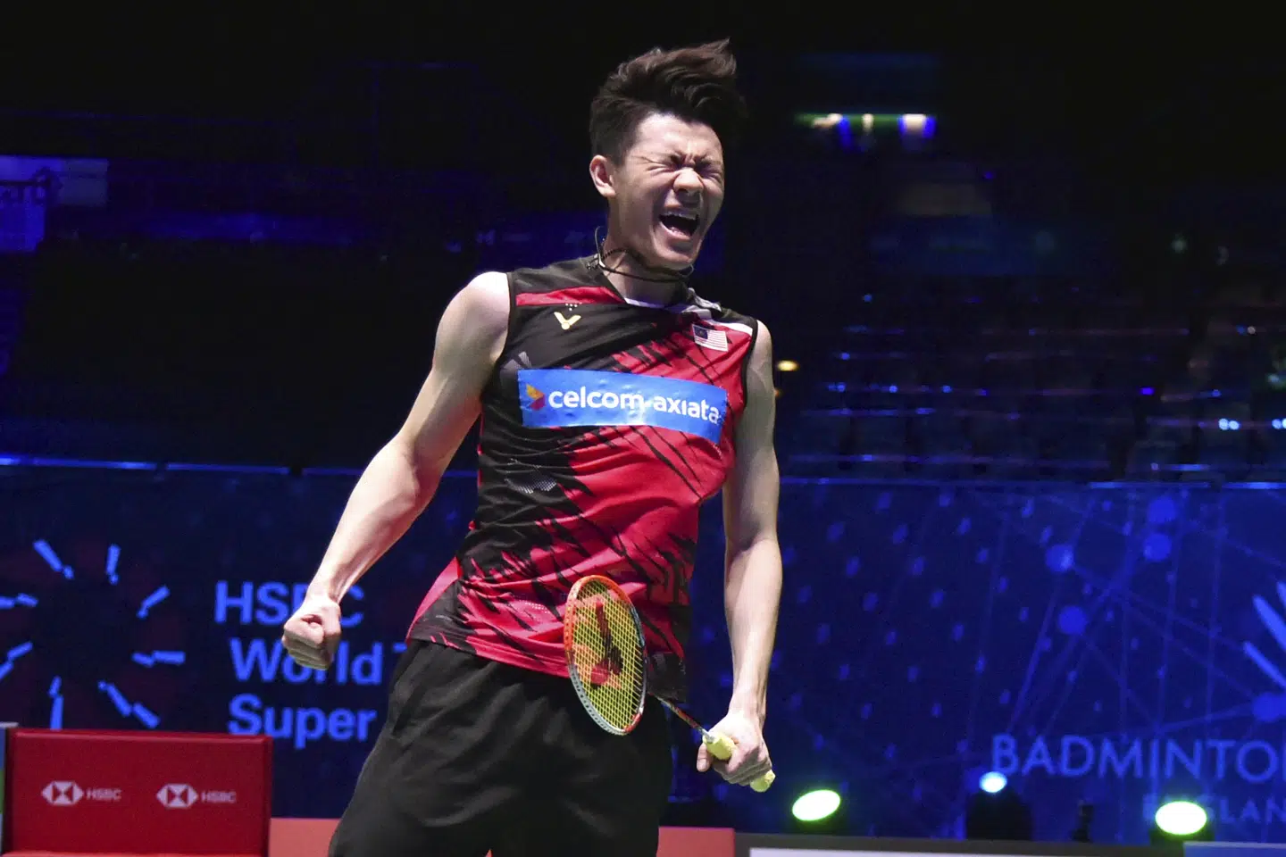 Lee Zii Jia jubler her under lørdagens semifinale. Rui Vieira/Ritzau Scanpix