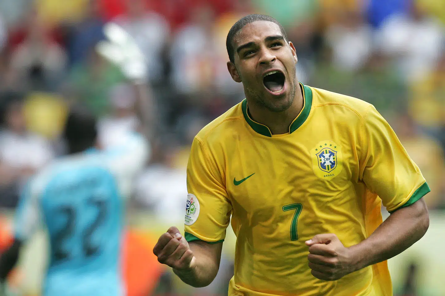 Brazilian forward Adriano celebrates scoring his team's second goal during the round of 16 World Cup football match between Brazil and Ghana at Dortmund's World Cup Stadium, 27 June 2006. Brazil were leading 2-0 at half-time. AFP PHOTO / ROBERTO SCHMIDT ROBERTO SCHMIDT / AFP