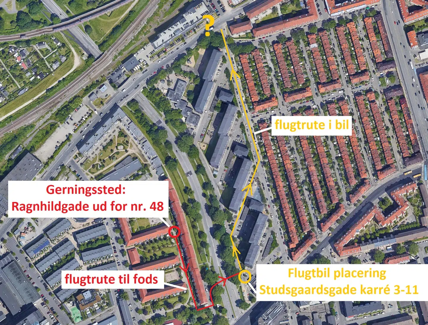 De tre gerningsmænd løb efter drabet i Ragnhildgade over Lersø Parkallé og forsvandt i en ventende Audi A6 stationcar gennem Studsgaardsgade-bebyggelsen.