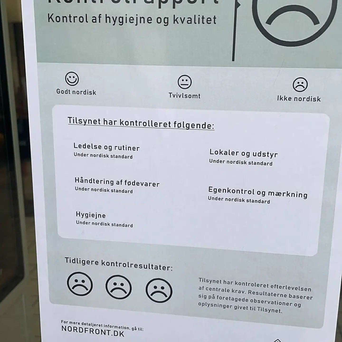 Sådan så den falske kontrolrapport ud på The Pita Houses facade.