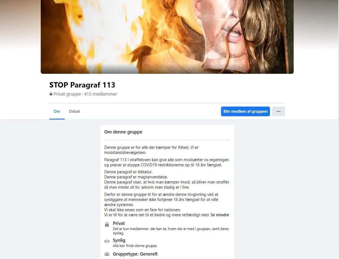 Den gruppe, som Vivian Anita Alexandru har oprettet med et dertilhørende foto. Hun risikerer 16 års fængsel for det.