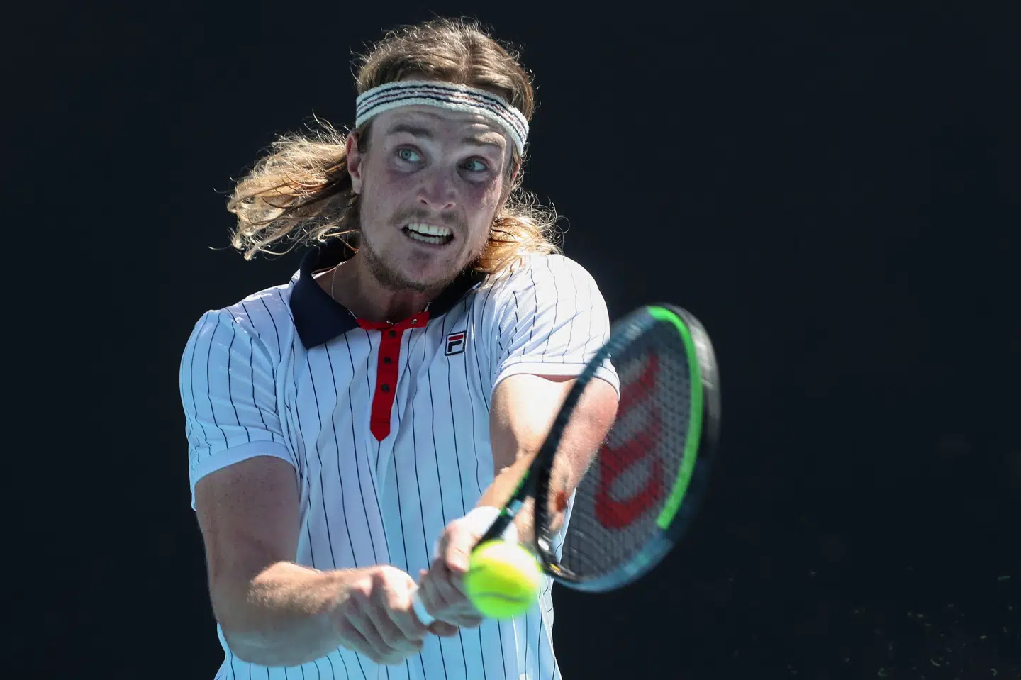 Her ses Mikael Torpegaard under Australian Open i februar, hvor han røg ud i første runde til sydafrikanske Lloyd Harris. Brandon Malone/Ritzau Scanpix