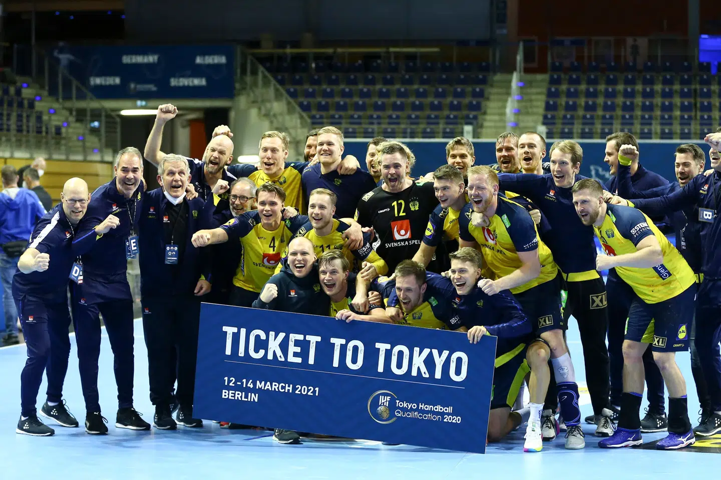 Det svenske landshold var glade for billetten til OL i Tokyo. Michael Hundt/Ritzau Scanpix