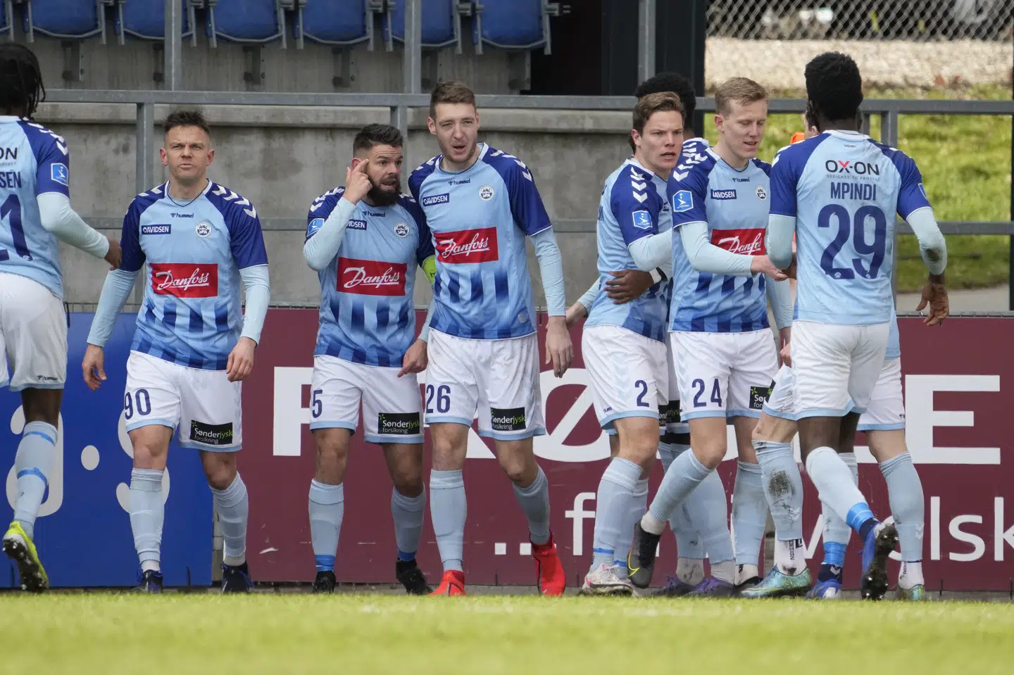 Sønderjyske-spillerne kunne juble over en 2-0-sejr over AC Horsens søndag. Frank Cilius/Ritzau Scanpix