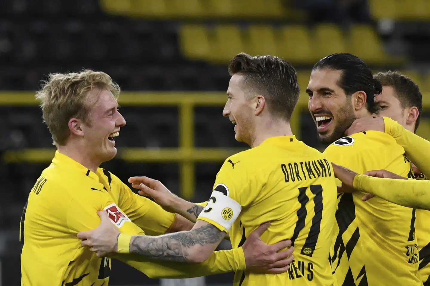 Julian Brandt så selv overrasket ud, da hans langskud ramte netmaskerne i Dortmunds sejr over Hertha Berlin. Bernd Thissen/Ritzau Scanpix