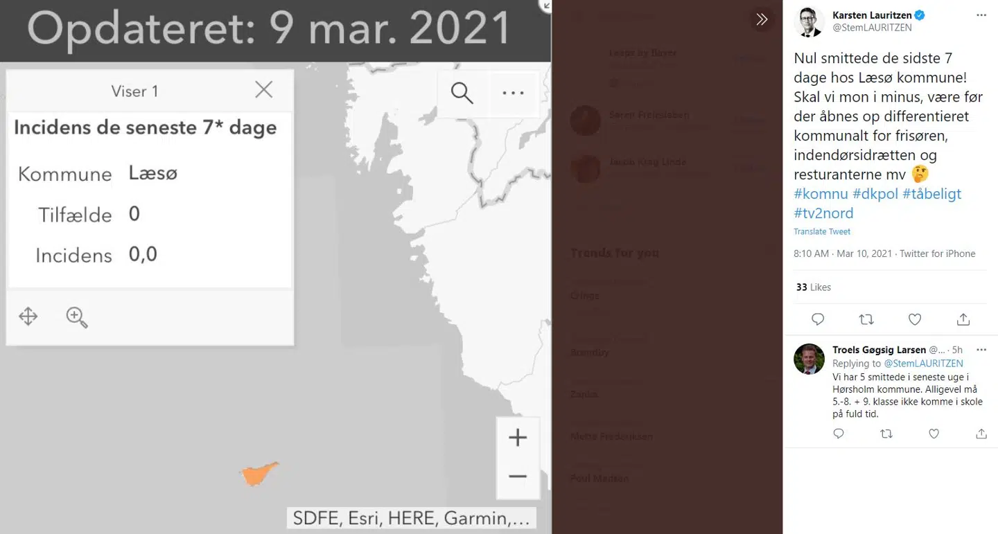 Venstres gruppeformand, Karsten Lauritzen, har fundet covid-statistikken for Læsø frem og lagt den på Twitter. Også han forstår ikke, hvorfor Læsø ikke kan åbne. Gruppeformanden er kommet til at bringe et lille billede af Anholt, men B.T. har dobbelttjekket smittetallet for netop Læsø, som helt korrekt er 0 for de sidste otte dage mindst.