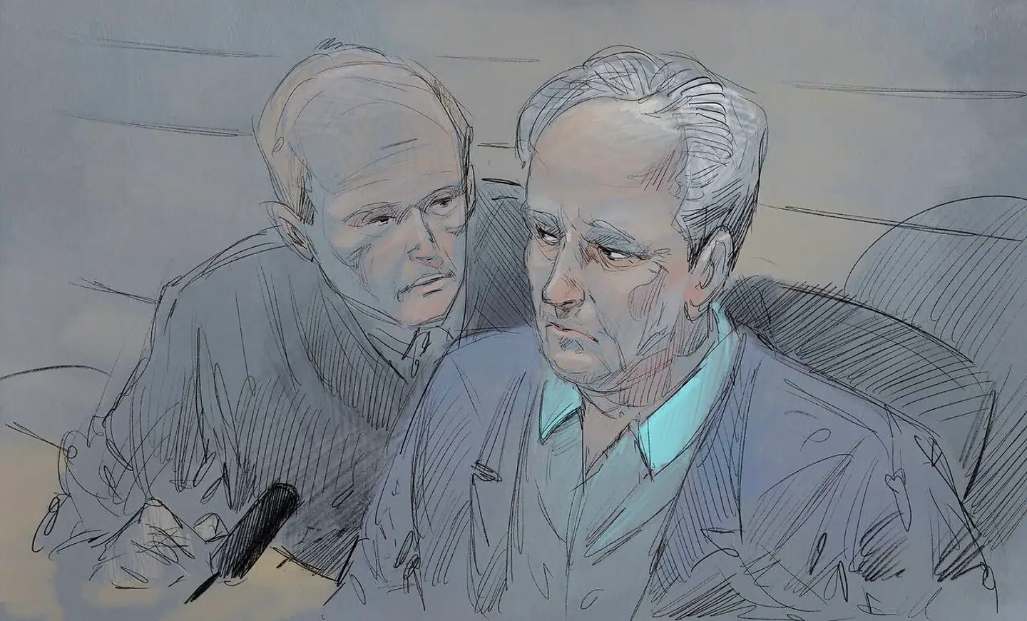 Tom Hagen foreviget af en tegner, da han var i retten i forbindelse med sin anholdelse. Ved siden af ham ses forsvarsadvokat Svein Holden.