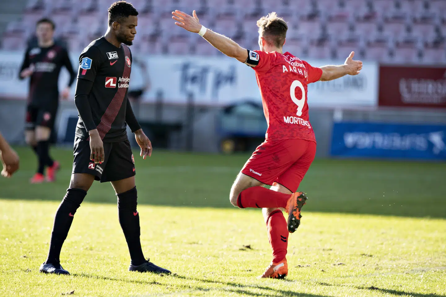 AGF-angriberen Patrick Mortensen kunne juble over sin scoring til 1-0, som skulle vise sig at blive afgørende. Henning Bagger/Ritzau Scanpix