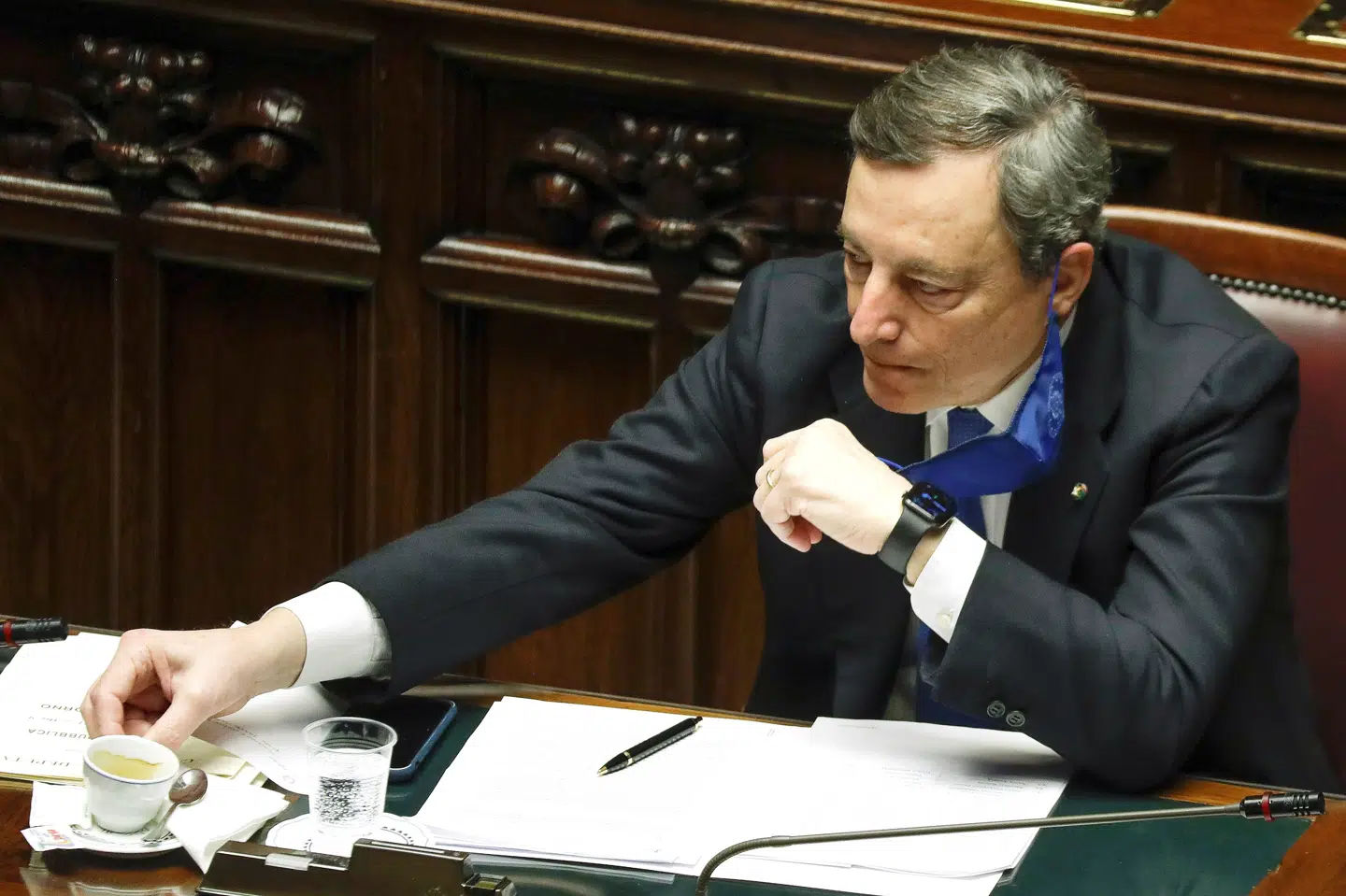 Italiens nye premierminister, Mario Draghi, ses her i parlamentet den 18. februar. Pool/Reuters