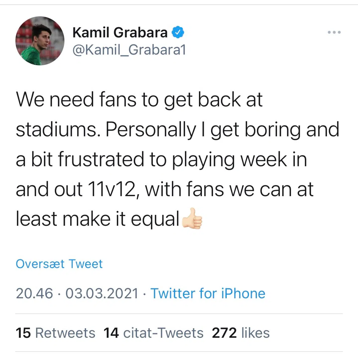 Det var dettte tweet, der har fået Grabara i problemer.