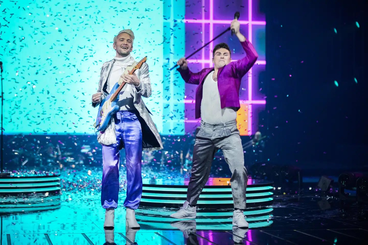 Jesper Groth og Laurits Emanuel i duoen Fyr & Flamme skal repræsentere Danmark i Eurovision. Martin Sylvest/Ritzau Scanpix