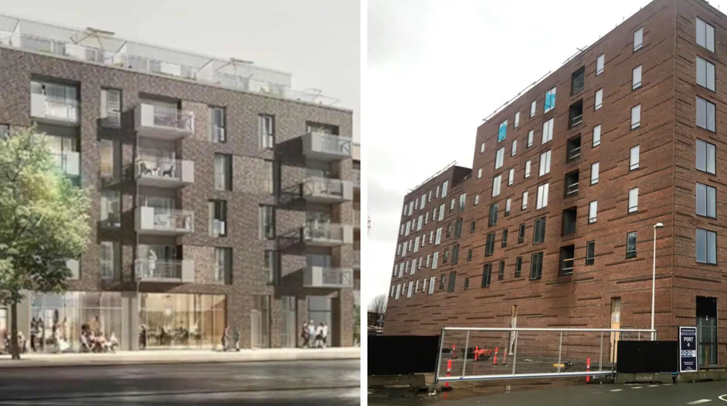 Kig grundigt på disse to billeder. Det billede til venstre er lavet af arkitektfirmaet Arktitema til byrådet i Horsens Kommune i 2017. Det skulle vise, hvordan de forventer nyt byggeri på Lilli Gyldenkildes Torv vil se ud, hvis de får lov at tegne byggeriet, hvilket de fik lov til. Billedet til højre er taget af privat person, efter byggeriet sidste år blev opført. Kan du se nogen som helst sammenhæng?