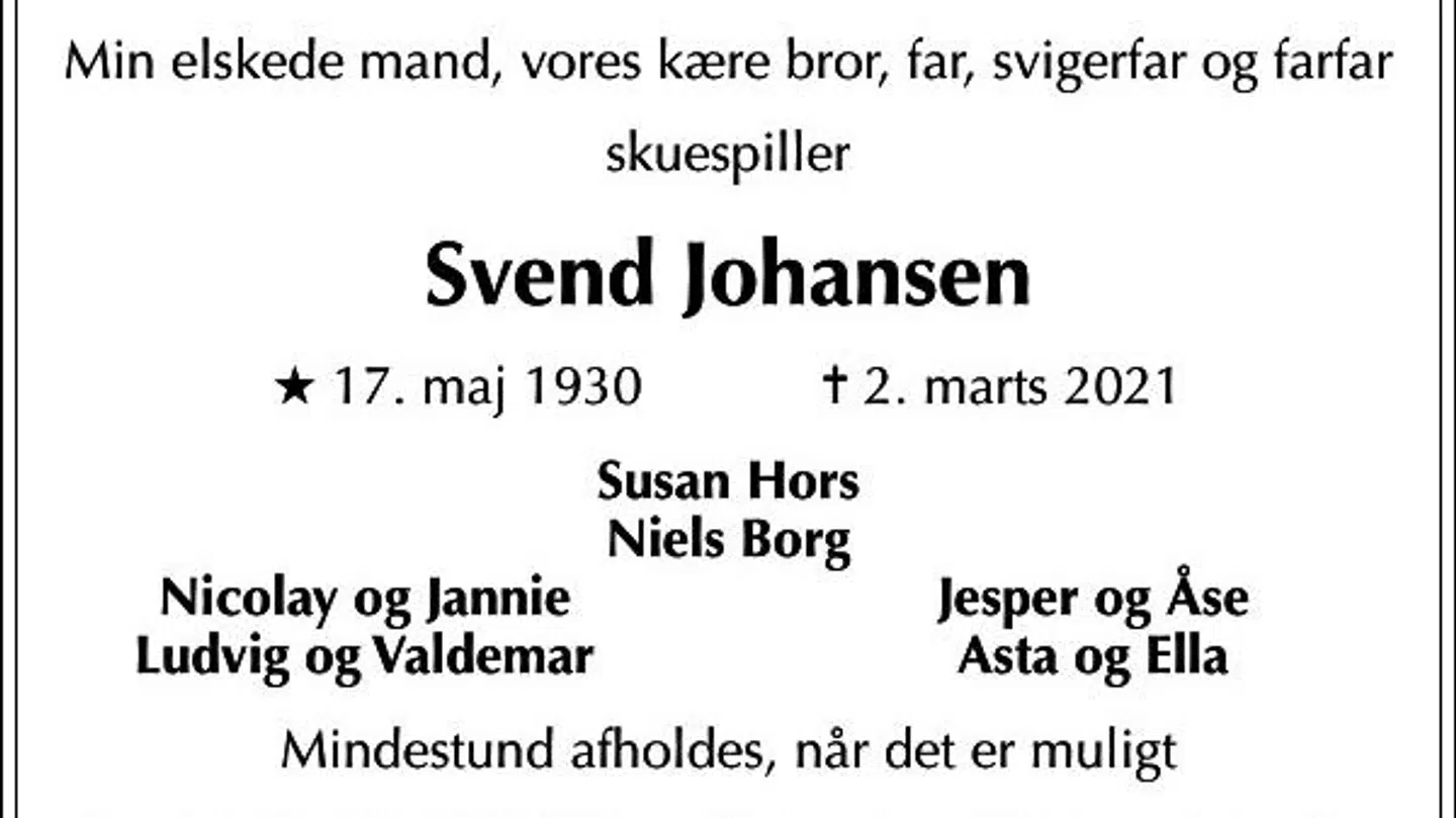 Skuespiller Svend Johansen er død i en alder af 90 år.