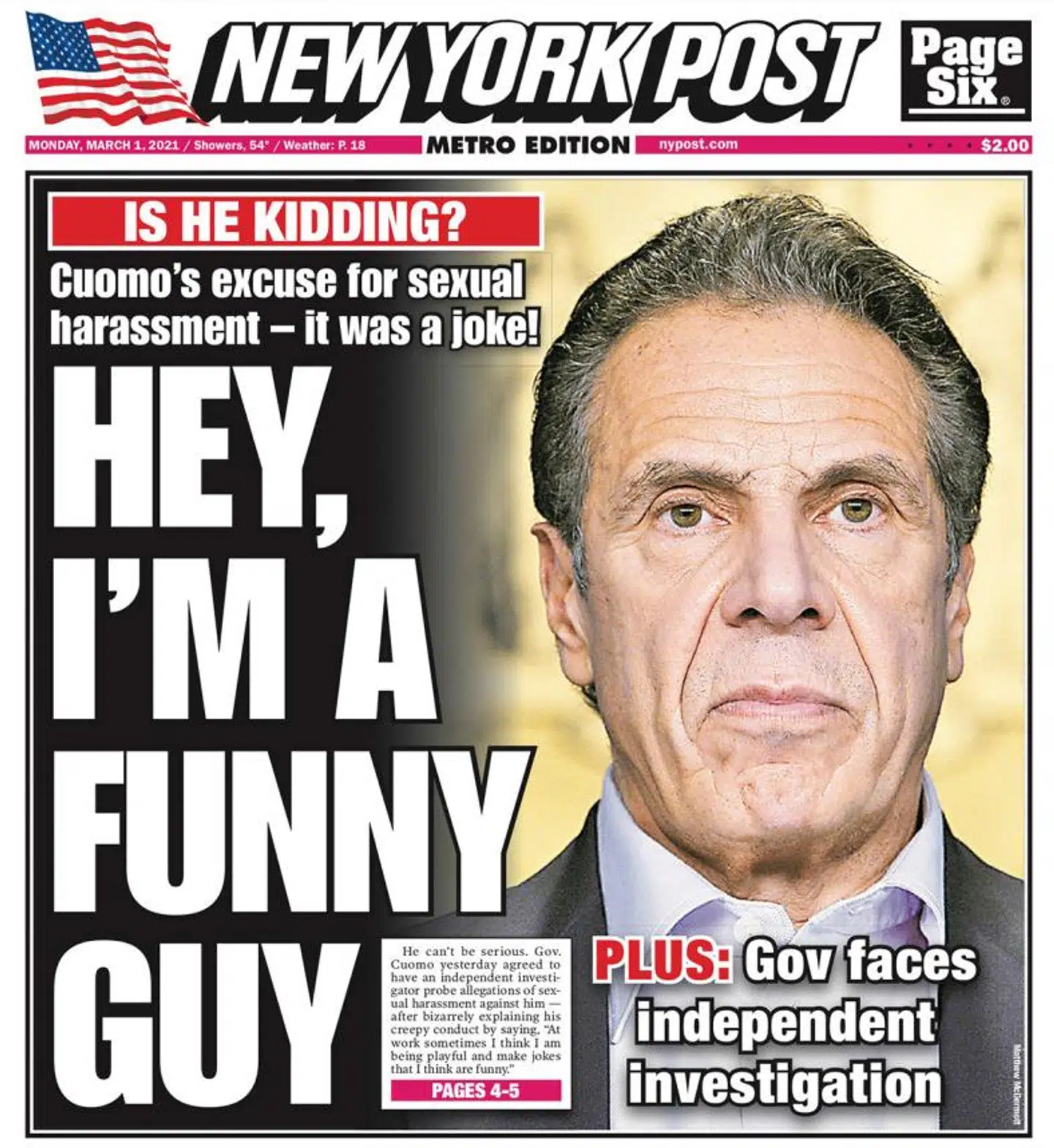 New York Post forside af mandagsavisen.