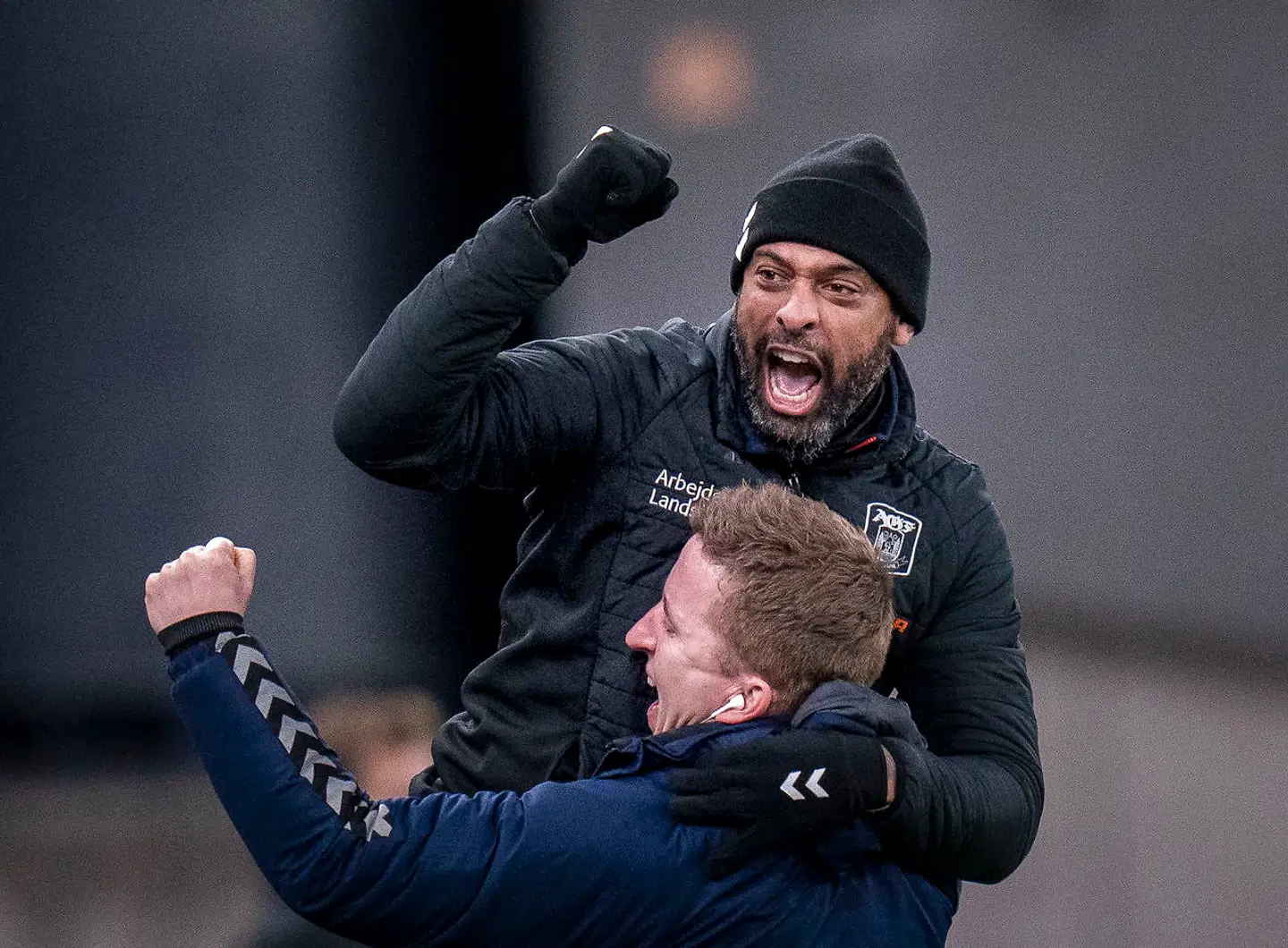 AGFs Cheftræner David Nielsen jubler FØR straffesparket dømmes under superligakampen mellem FCK - AGF i Parken søndag den 28 februar 2021.. (Foto: Liselotte Sabroe/Ritzau Scanpix)
