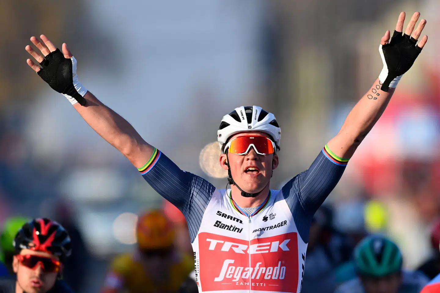 I efteråret vandt Mads Pedersen Gent-Wevelgem. Og søndag fulgte han så op med endnu en klassikersejr i Belgien, da han vandt Kuurne-Bruxelles-Kuurne. Eric Lalmand/Ritzau Scanpix