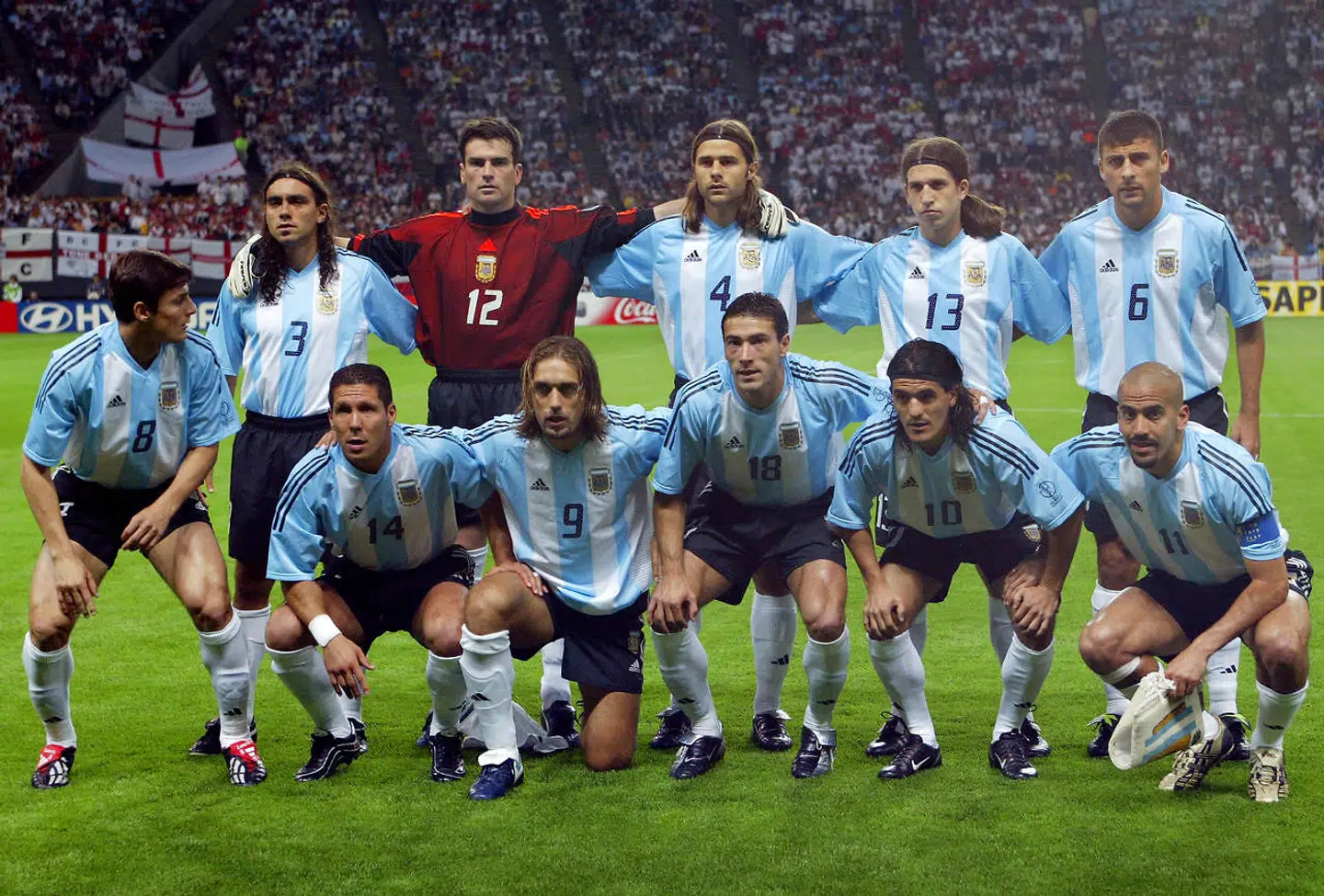 VM 2002. Øverst fra venstre: Javier Zanetti, Juan Pablo Sorin, Pablo Cavallero, Mauricio Pochettino, Diego Placente, Walter Samuel. Nederst fra venstre: Diego Simeone, Gabriel Batistuta, Kily Gonzalez, Ariel Ortega, Juan Sebastian Veron. AFP PHOTO TOSHIFUMI KITAMURA