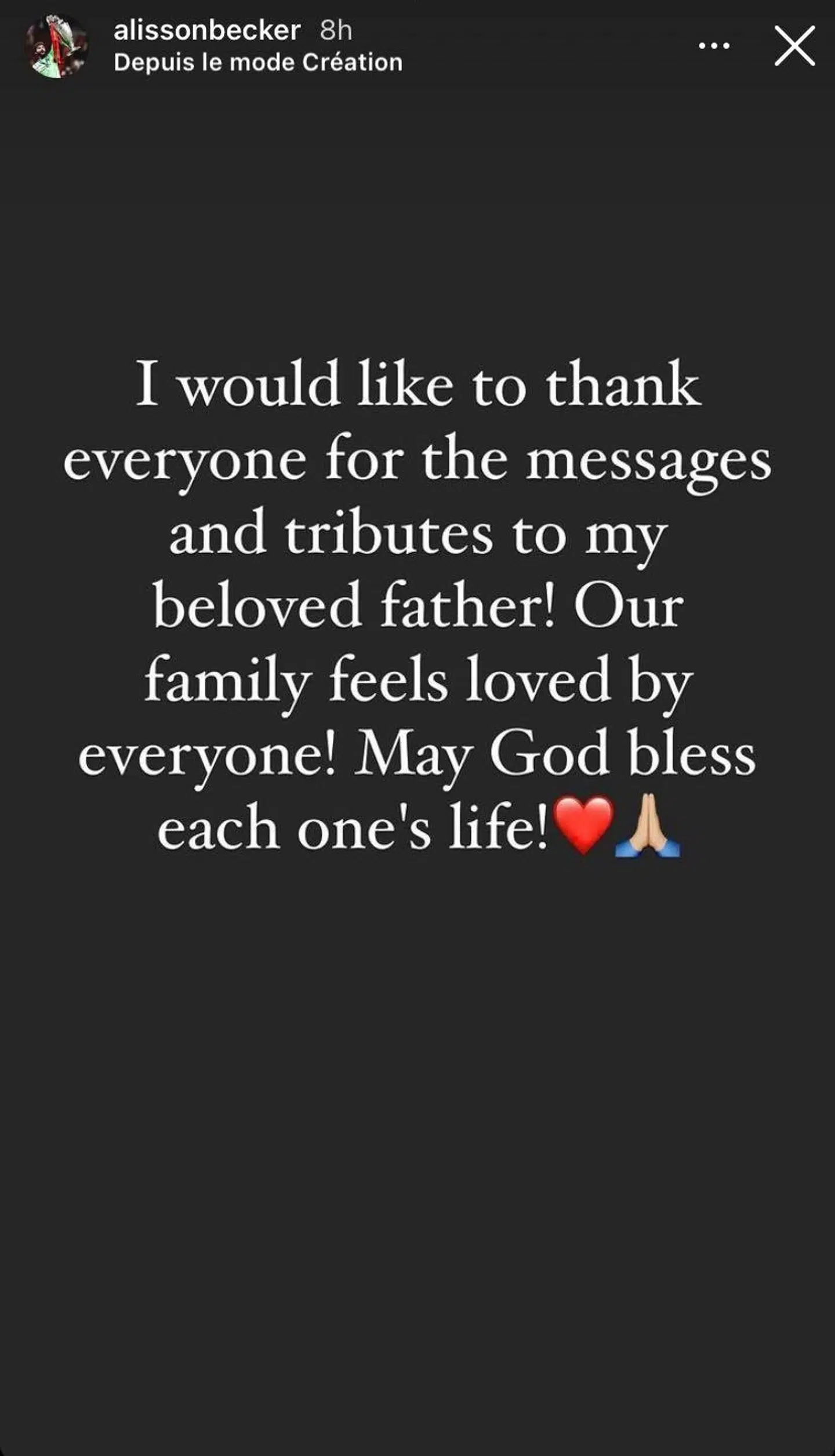 Alisson Becker lagde denne reaktion op på sin Instagram-profil torsdag.