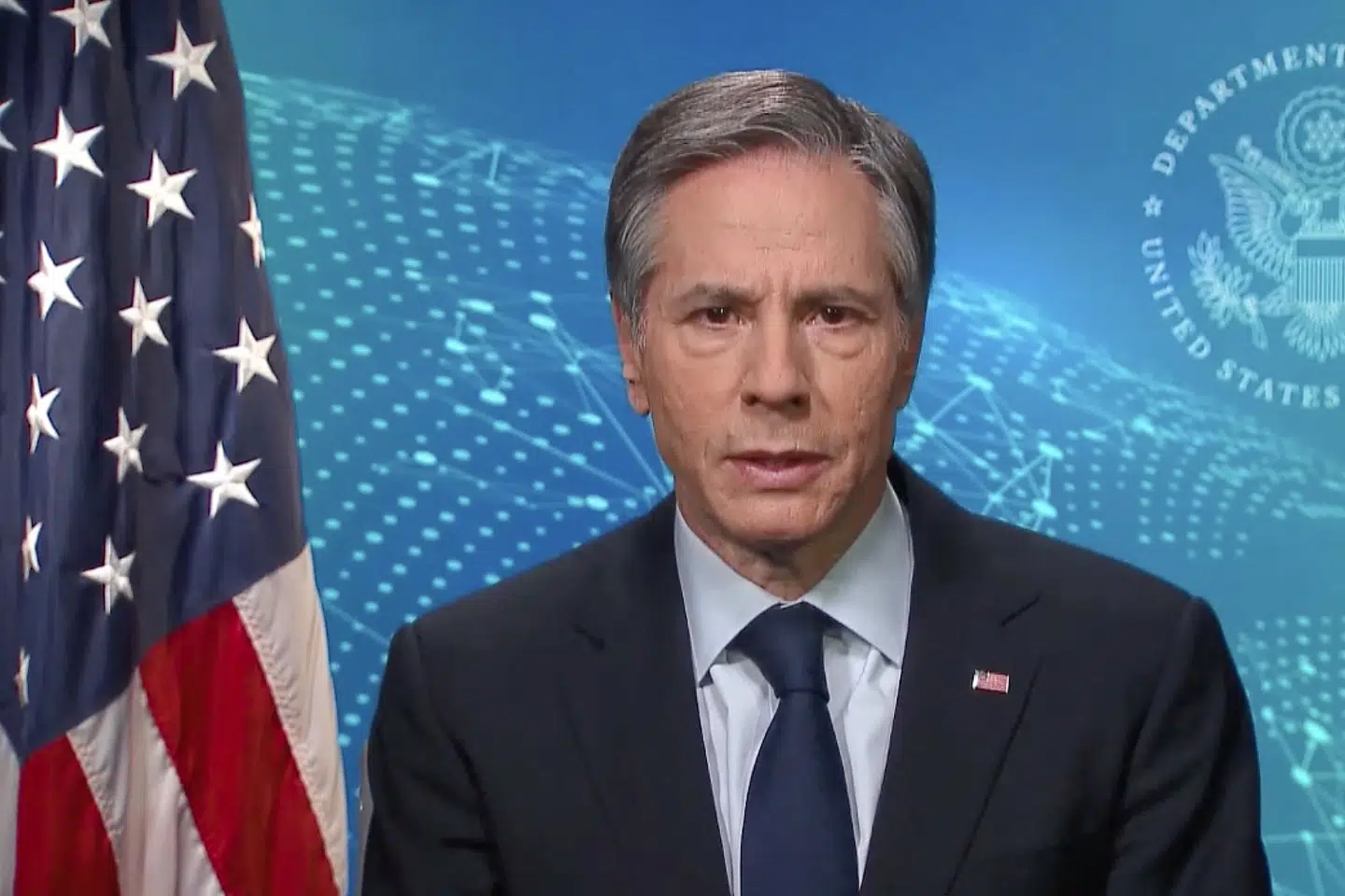 USA's udenrigsminister, Antony Blinken, i sin videotale onsdag til FN's Menneskeskrettighedsråd. Handout/Ritzau Scanpix