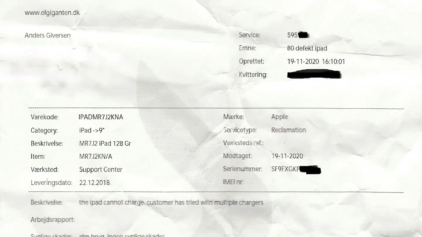 Anders Giversens kvittering på, at han indleverede sin iPad til reparation i Elgiganten tilbage i november 2020.