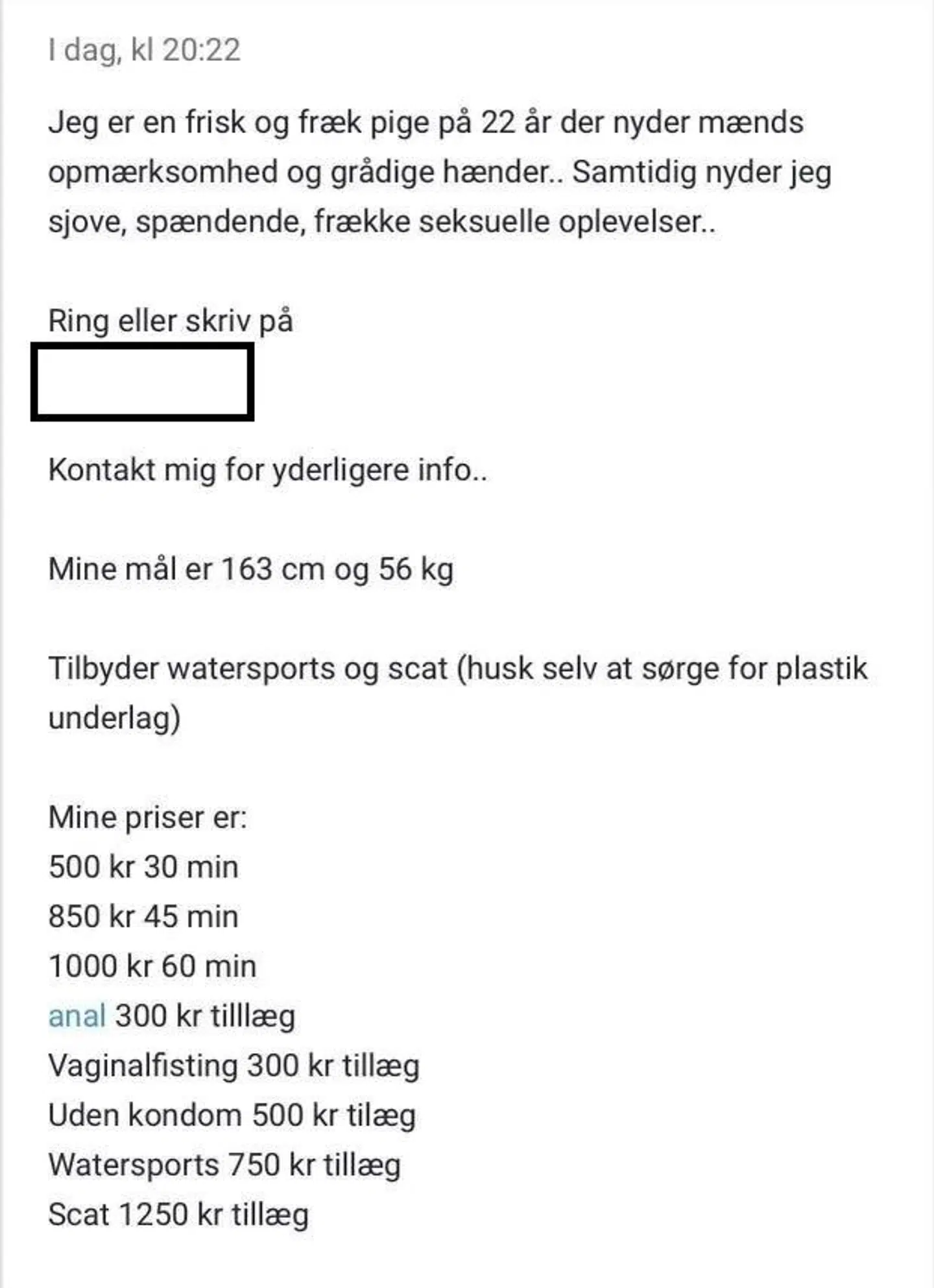 Her ses den annonce, der blev lavet, og som skulle forestille sig at være Frida som escortpige.