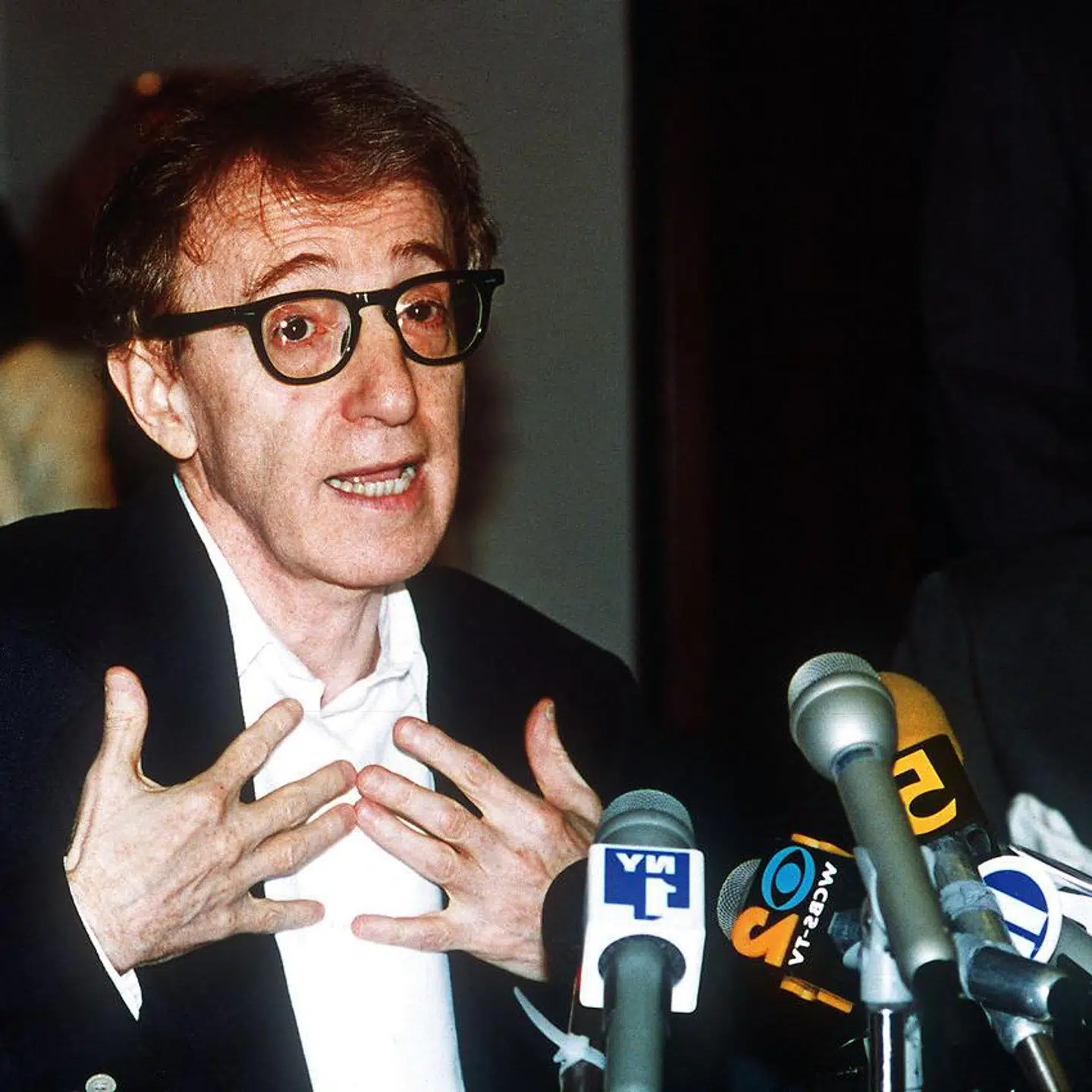 Woody Allen taler med medierne i 1993. Kort forinden har han tabt sagen om forældremyndighed over sine tre børn.