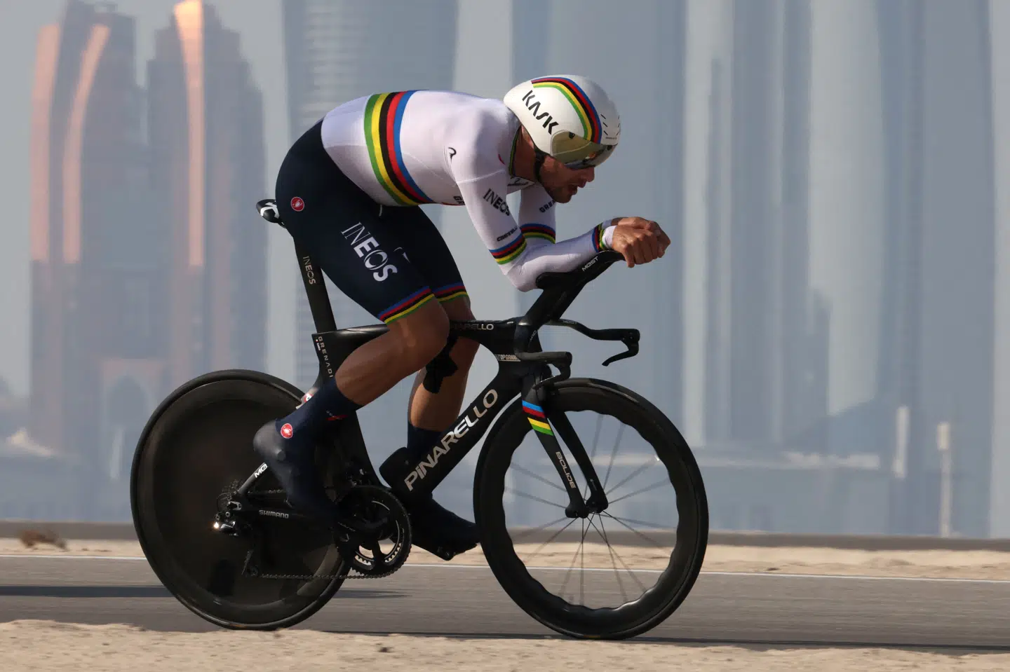 Filippo Ganna vandt 2. etape af UAE Tour. Mikkel Bjerg blev nummer tre i kampen mod uret. Giuseppe Cacace/Ritzau Scanpix