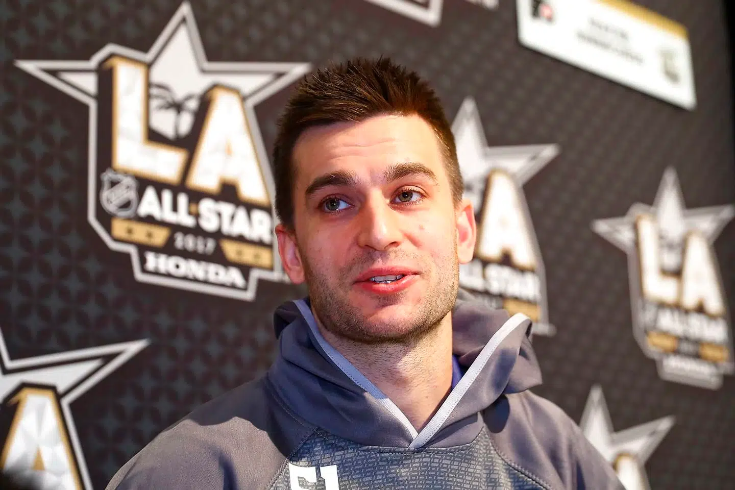 LOS ANGELES, CA - JANUARY 28: Frans Nielsen #51 of the Detroit Red Wings speaks to the media during 2017 NHL All-Star Media Day as part of the 2017 NHL All-Star Weekend at the JW Marriott on January 28, 2017 in Los Angeles, California. Bruce Bennett/Getty Images/AFP == FOR NEWSPAPERS, INTERNET, TELCOS & TELEVISION USE ONLY ==