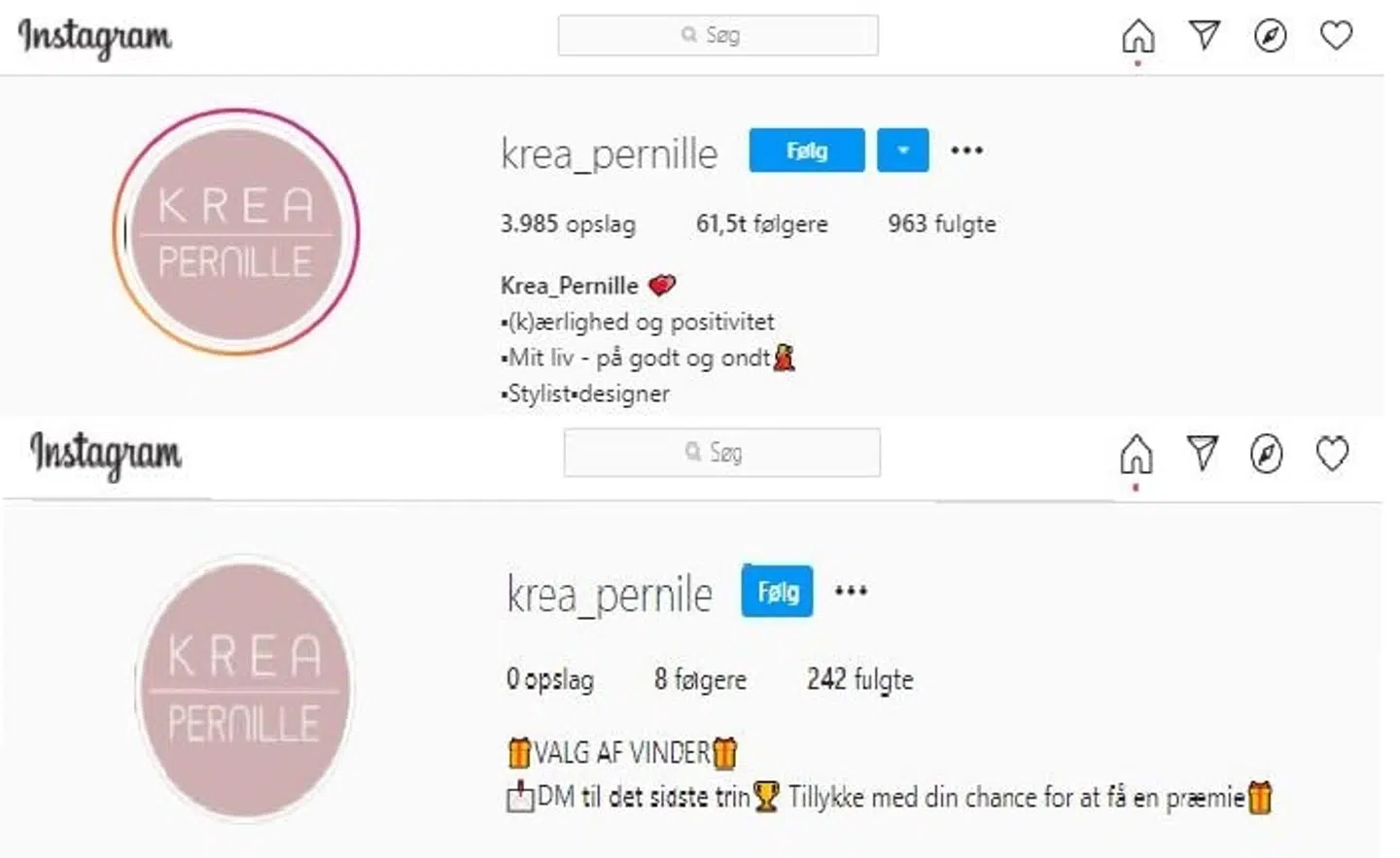 Det øverste billede viser Pernilles rigtige profil. Den nederste viser den falske profil, som er blevet brugt til at svindle hendes følgere.