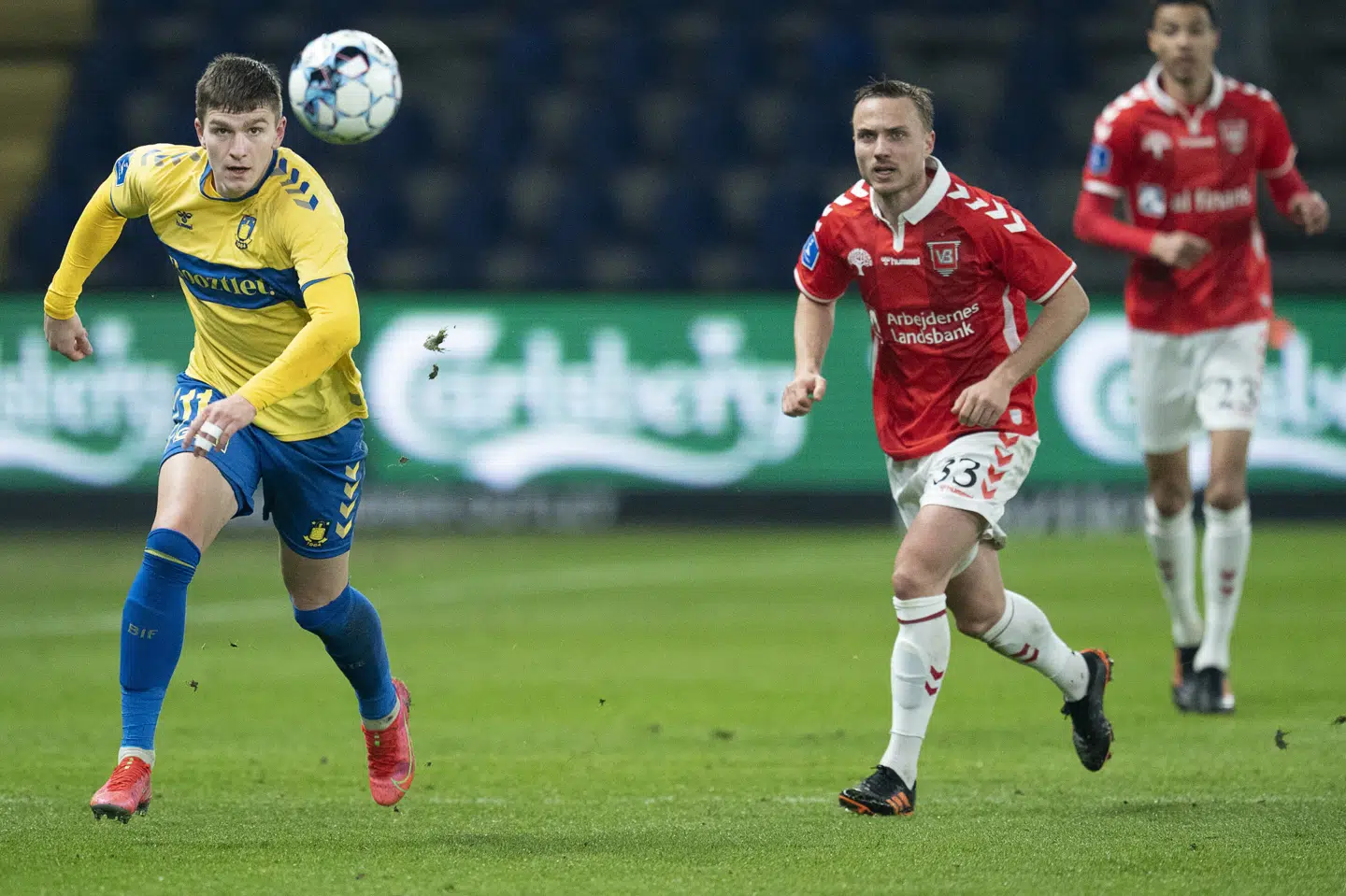 Mikael Uhre scorede til 1-0 for Brøndby, og Pierre Bengtsson, som Vejle har lejet i FC København, gjorde til 2-0 på et selvmål. Claus Bech/Ritzau Scanpix