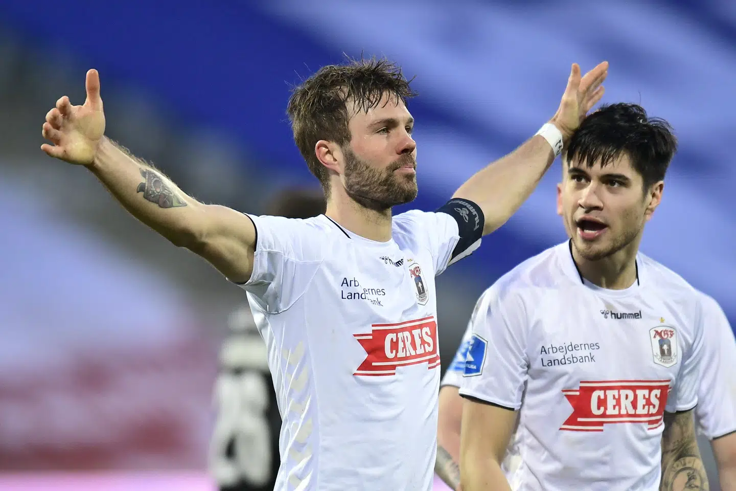 Anfører Patrick Mortensen omsatte et straffespark til 1-0 og grundlagde på dem måde AGF's sejr søndag mod Sønderjyske. Bo Amstrup/Ritzau Scanpix