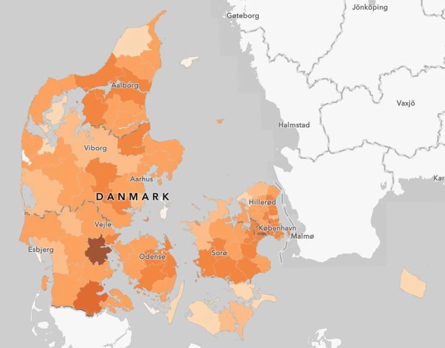 Kolding er fredag det sted i landet med flest nye smittede den seneste uge per 100.000 indbyggere.