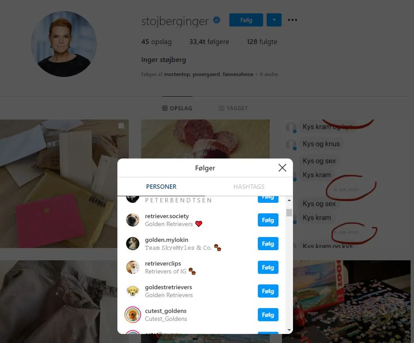 Inger Støjberg følger en masse hunde-profiler på Instagram.