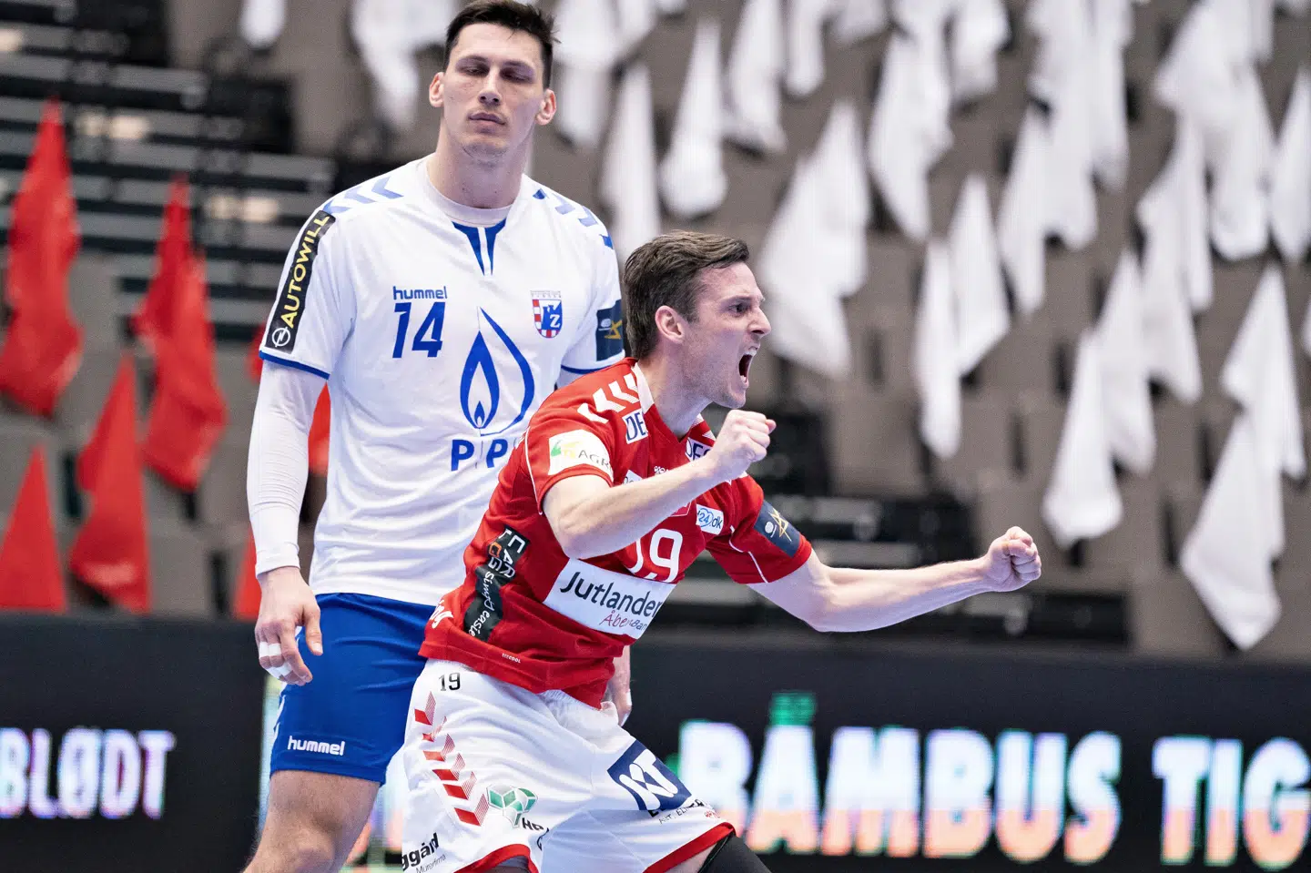 Mark Strandgaard og holdkammeraterne fra Aalborg havde ingen problemer med at tæmme PPD Zagreb i torsdagens hjemmekamp i Champions League. Henning Bagger/Ritzau Scanpix