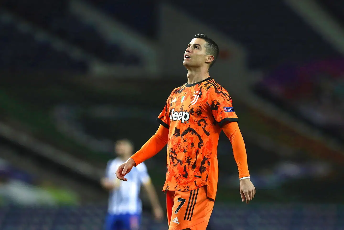 epa09019898 Juventus' Cristiano Ronaldo reacts during the UEFA Champions League round of 16, first leg soccer match between FC Porto and Juventus FC at Dragao stadium in Porto, Portugal, 17 February 2021. EPA/ESTELA SILVA