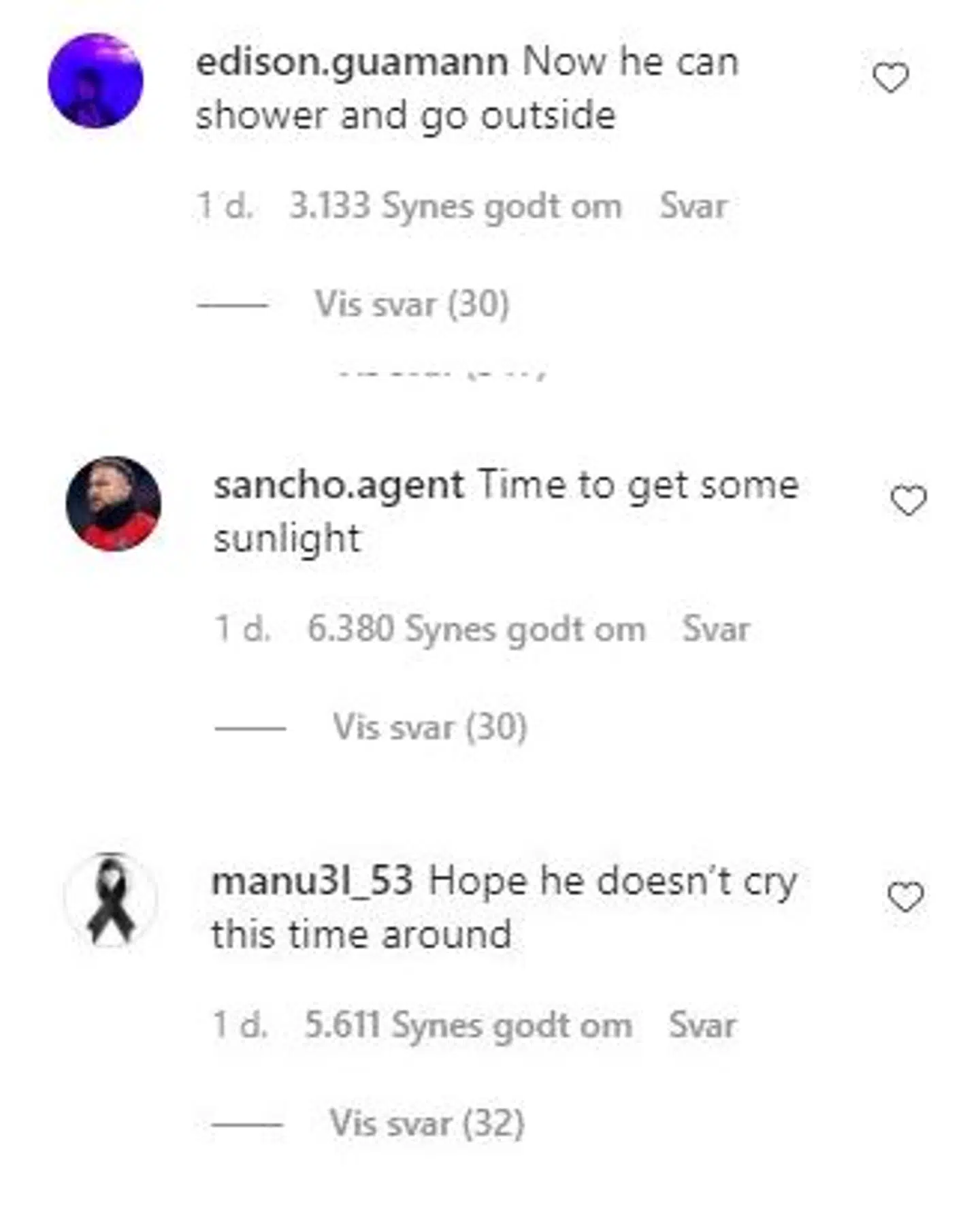 Eksempler på, hvordan mobningen af Anders Vejrgang foregår på Instagram, som ikke bliver fjernet. Det gør de beskeder, hvor der er trusler eller andet anstødeligt i kommentaren.
