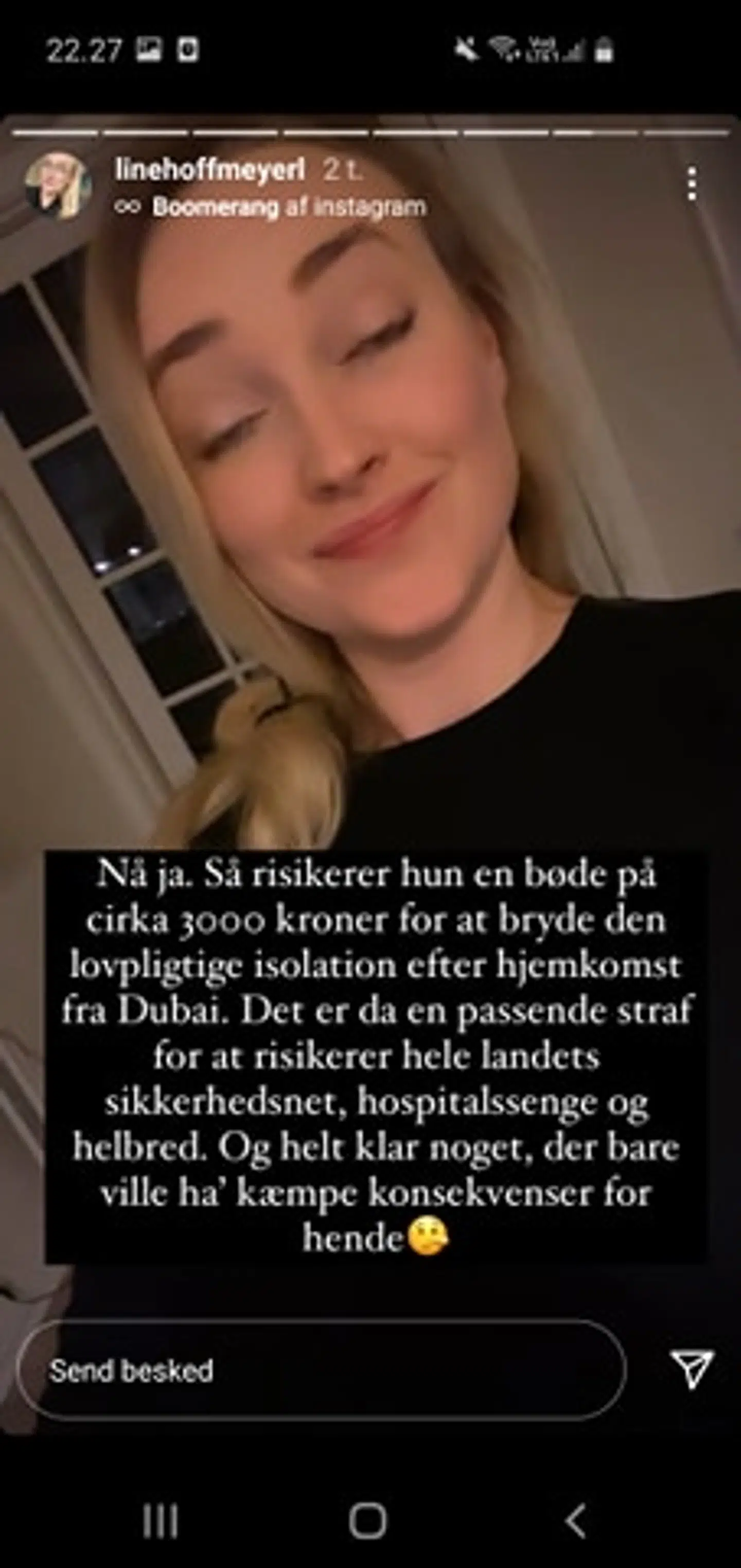 Story fra Line Hoffmeyers profil på Instagram.
