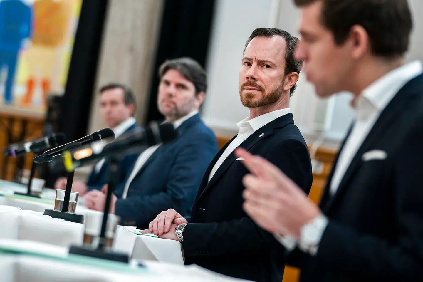 Formand for Venstre Jakob Ellemann-Jensen, udlændingeordfører Mads Fuglede, integrationsydelsesordfører og indfødsretsordfører Morten Dahlin og beskæftigelsesordfører Hans Andersen afholder pressemøde om Venstres nye udlændingeudspil, i Fællessalen på Christiansborg, onsdag den 3. februar 2021. (Foto: Martin Sylvest/Ritzau Scanpix 2021)