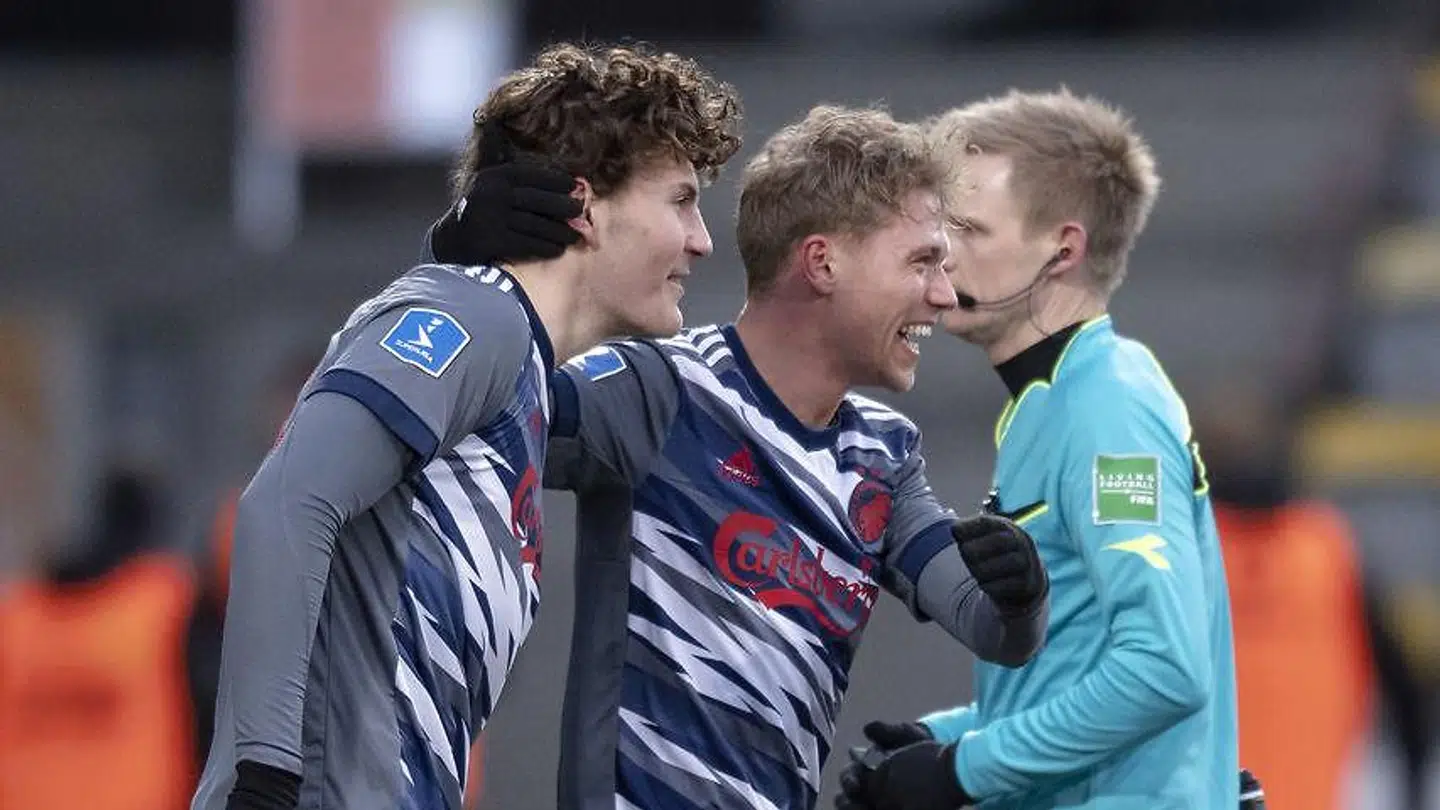 FCK's Jonas Wind har scoret til 2-0 og fejrer det med Viktor Fischer under superligakampen mellem AC Horsens og FC København på CASA Arena i Horsens søndag den 7. februar 2021.. (Foto: Bo Amstrup/Ritzau Scanpix)