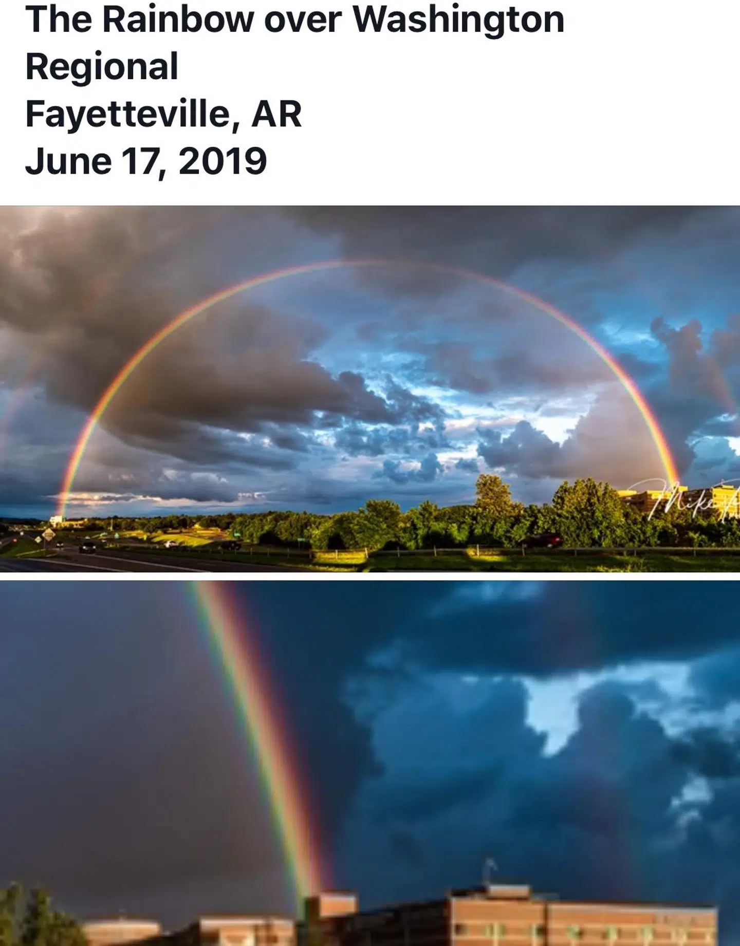 Regnbuen som den så ud over hospitalet i Arkansas i USA den 17. juni 2019, hvor Lucas blev født.