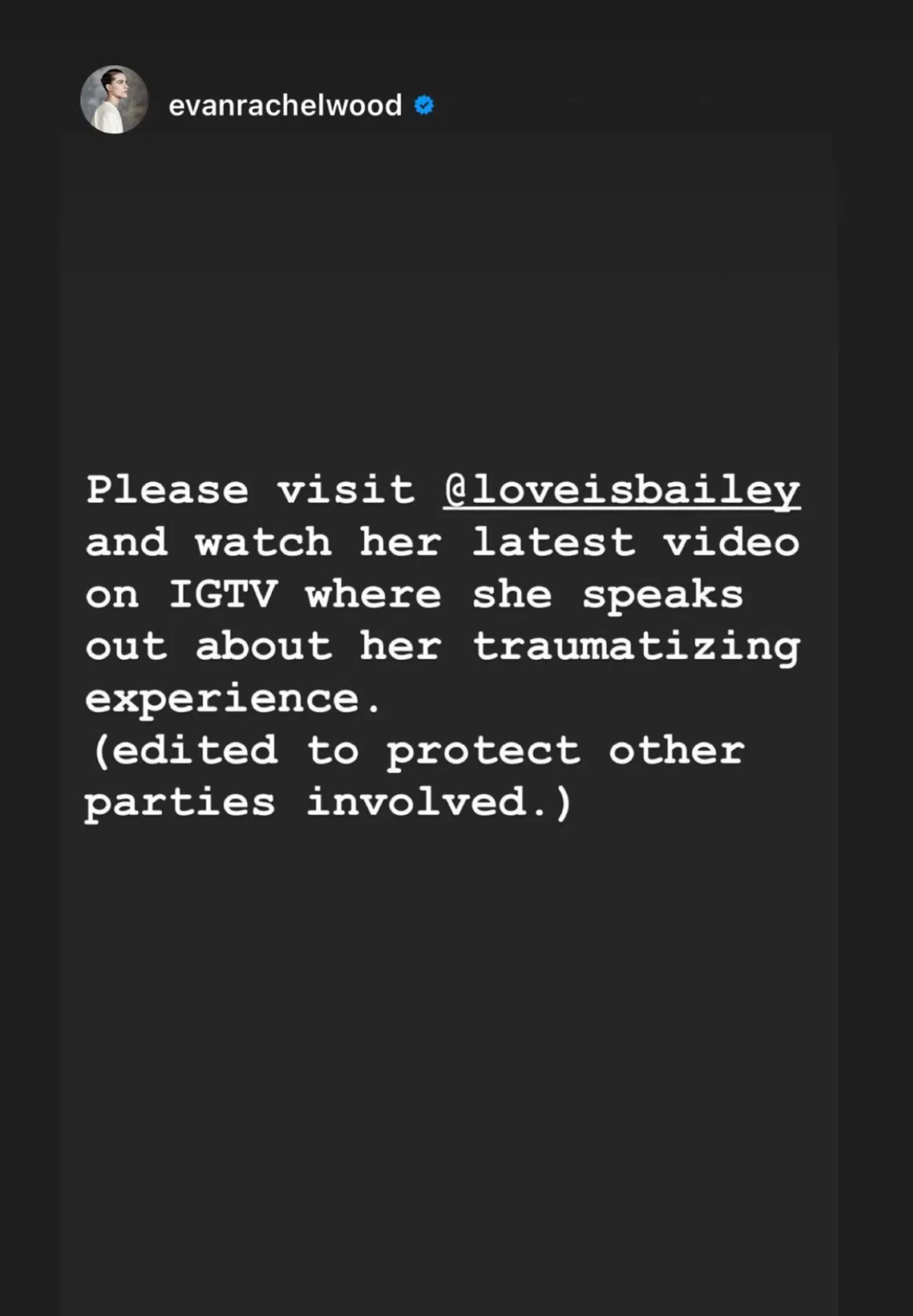 Evan Rachel Woods instagramprofil er blevet en central kilde i de mange anklager mod Marilyn Manson. Her beder hun sine knap en million følgere om at se, Love Bailey fortælle om sine oplevelser med rockmusikeren.