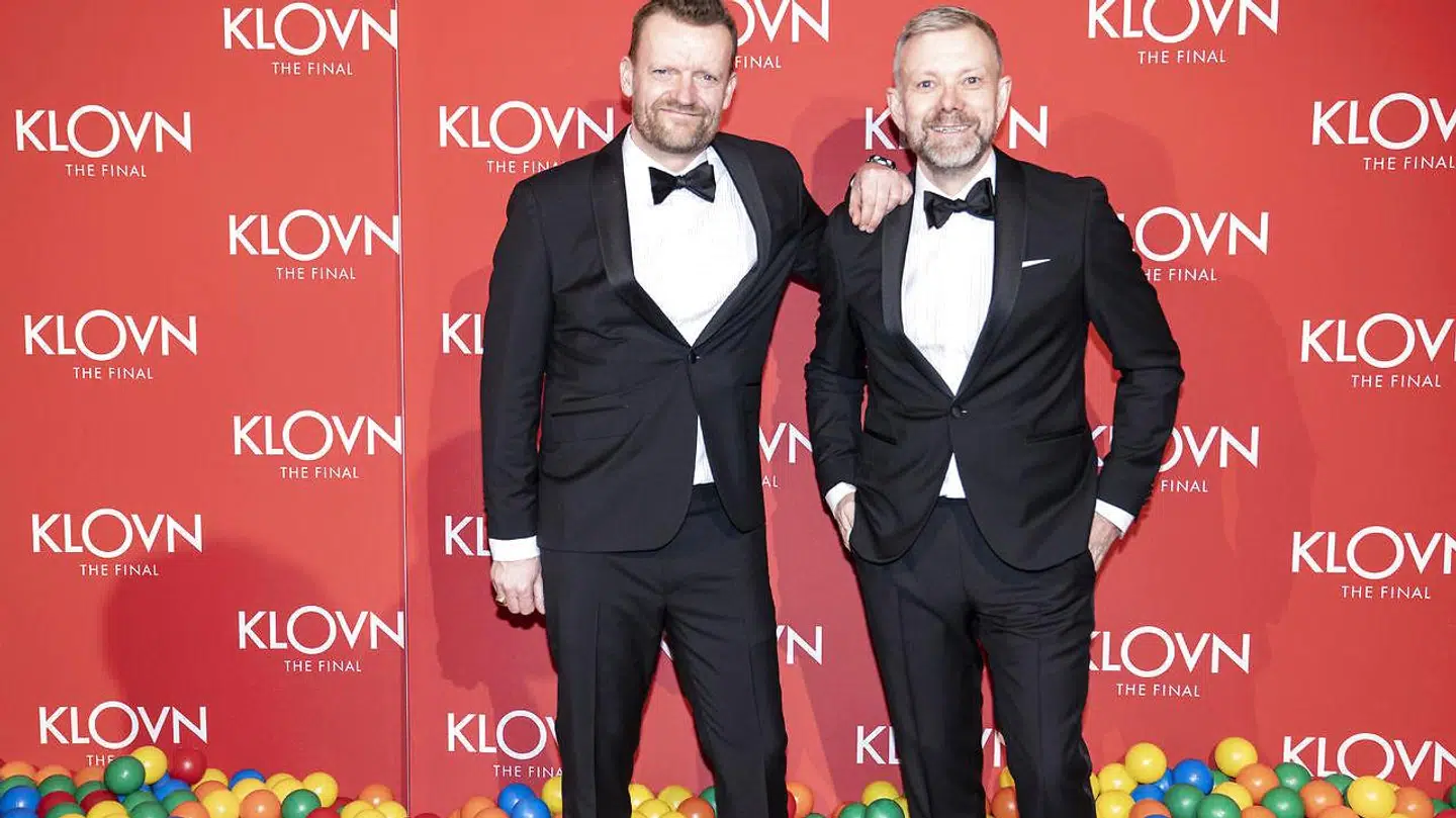 Frank Hvam og Casper Christensen på den røde løber til gallapremiere på filmen 'Klovn The Final', i Bremen Teater onsdag den 29. januar 2020.