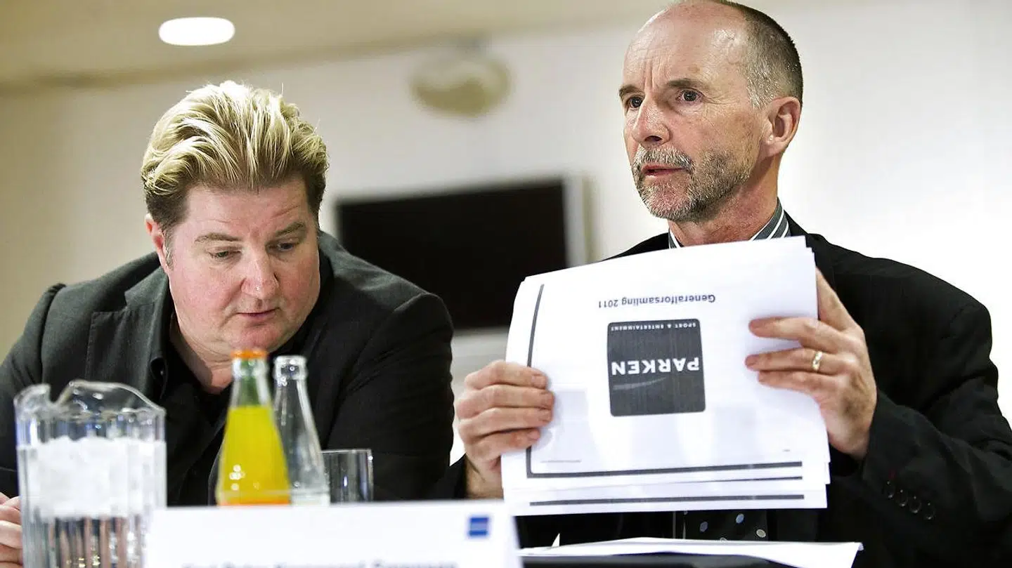 Bestyrelsesmedlemmer og FCK-aktionærer i Parken Sport & Entertainment Erik Skjærbæk (tv.) og Karl Peter Korsgaard Sørensen.