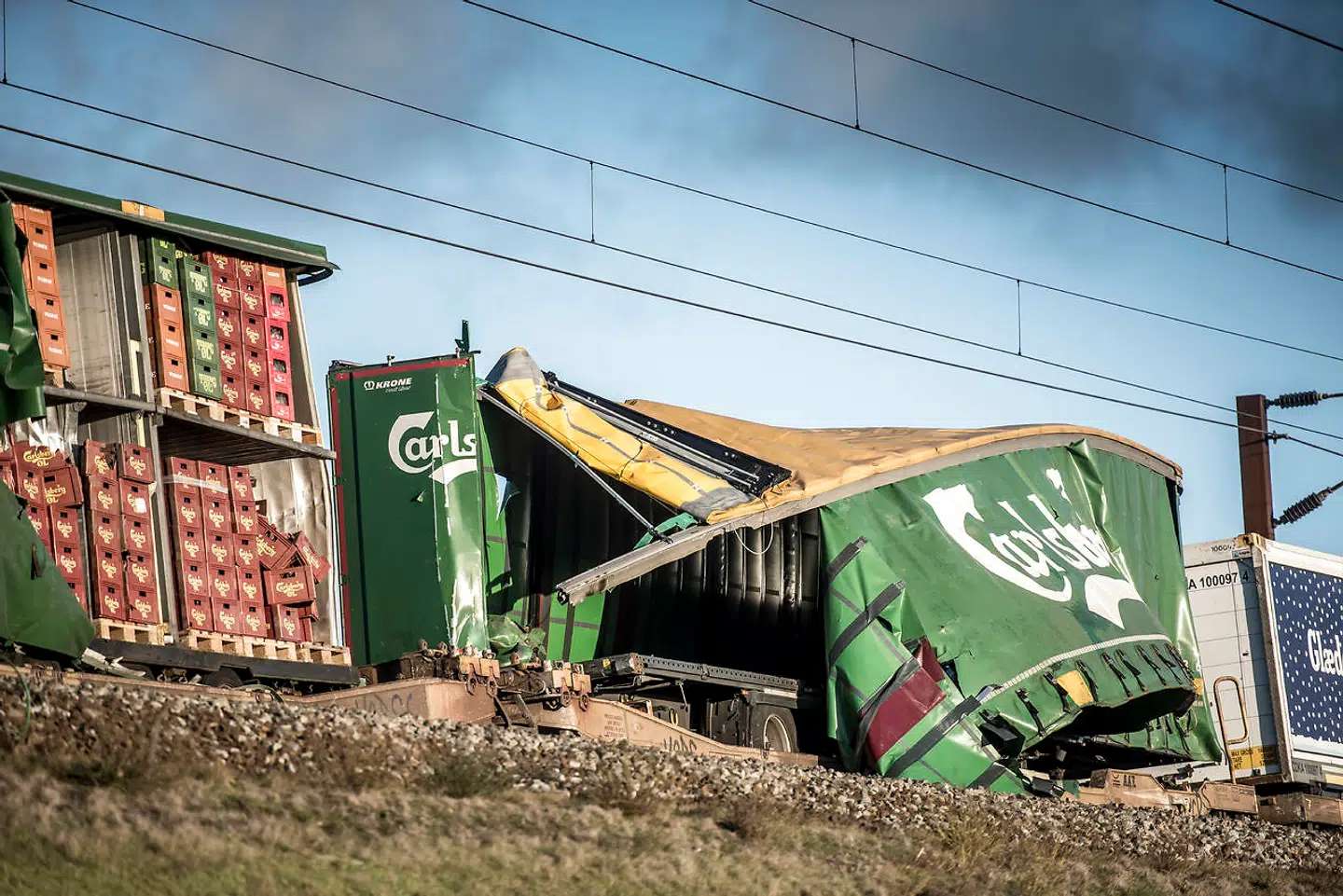 Sådan så godstoget ud efter den voldsomme togulykke på Storebæltsforbindelsen i januar 2019, da en trailer fra et godstog ramte et passagertog. Otte mennesker mistede livet.