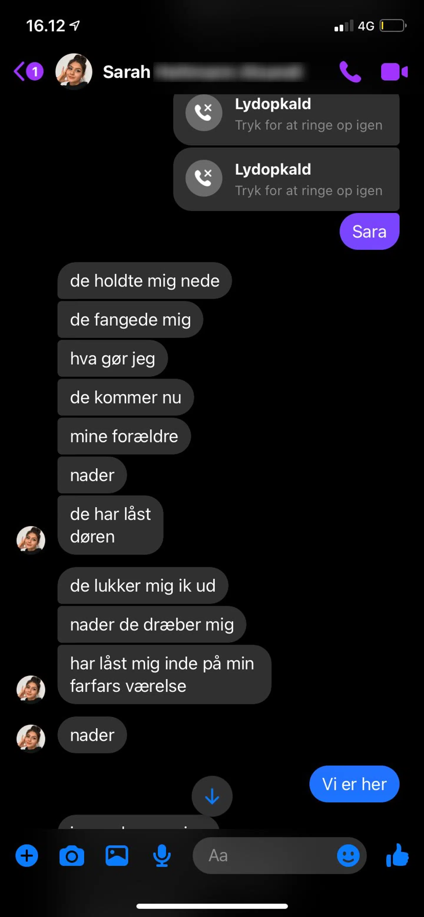 Under redningsaktionen ved Sarahs bedsteforældres hus ventede Nader Ashkani ude på gaden. Sarah skulle forsøge at løbe ud af huset selv, men blev bremset af familiemedlemmer, som holdt hende tilbage med vold.