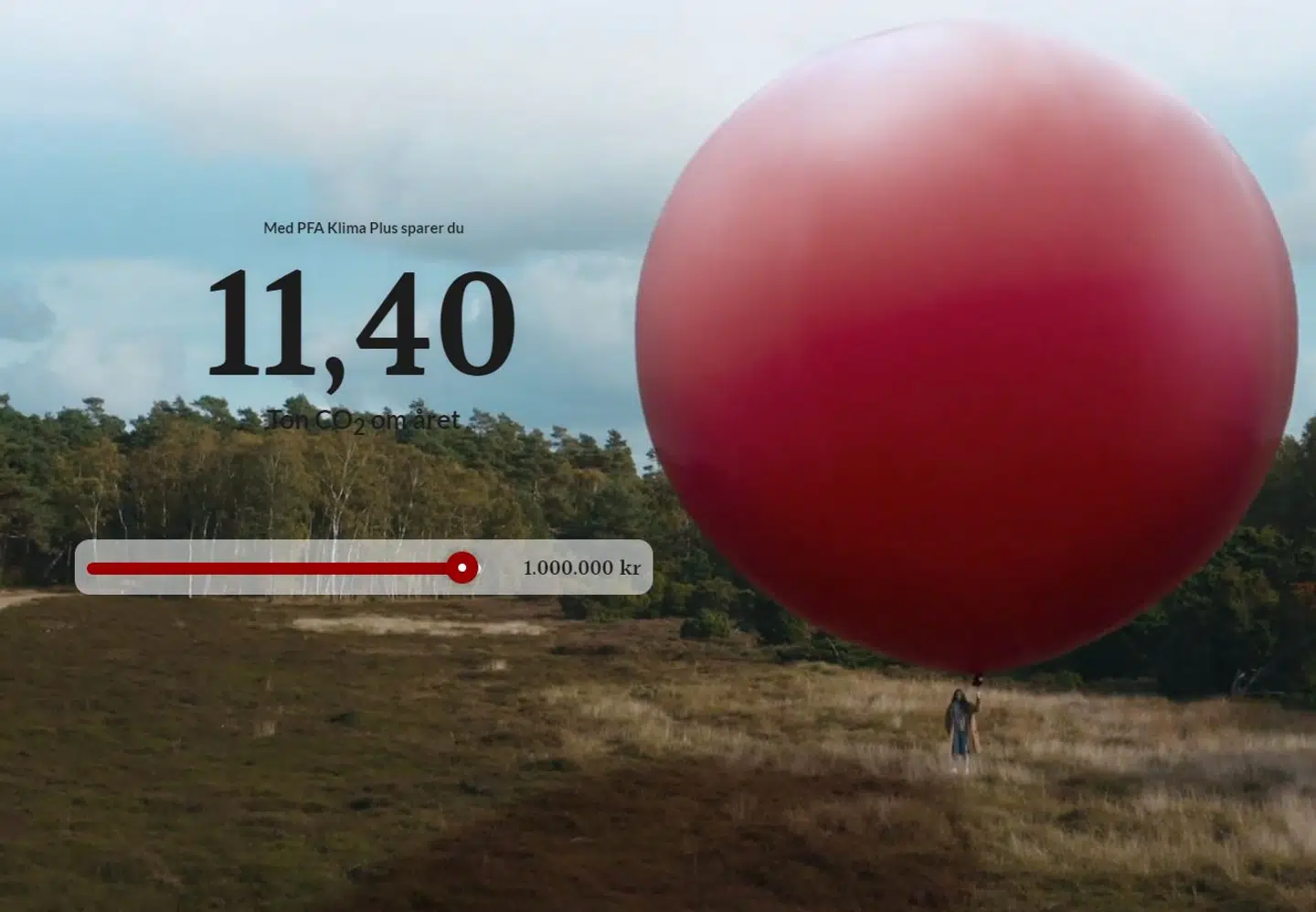 Ifølge PFA's reklamevideo kan du spare 11,4 ton CO2 ved at investere en million kroner i det nye pensionsprodukt PFA Klima Plus.