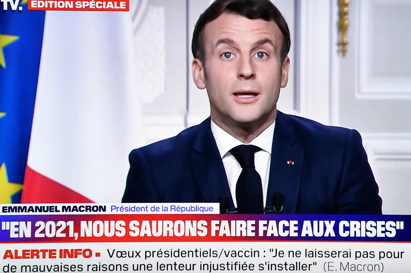 Frankrigs præsident, Emmanuel Macron, forsikrede i sin nytårstale, at alle, der ønsker det, skal have mulighed for at blive vaccineret. Stephane De Sakutin/Ritzau Scanpix