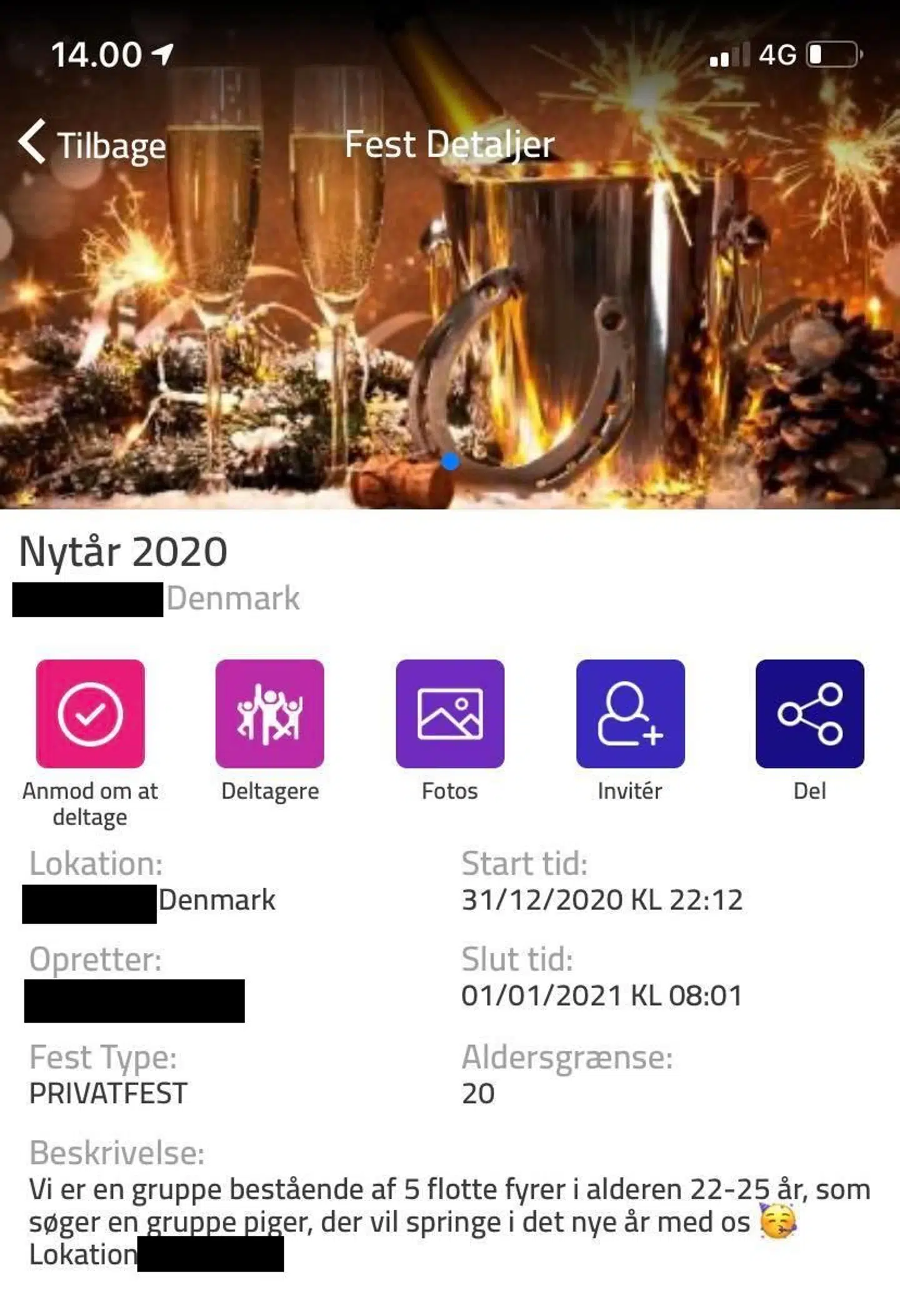 Et screenshot fra appen Chililay, hvor der søges efter nytårsfest.