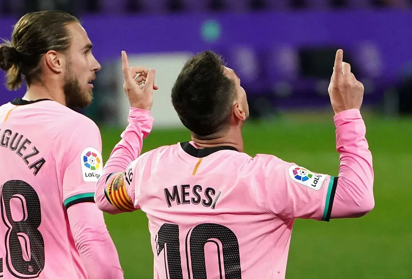 Barcelona's Argentine forward Lionel Messi celebrates after scoring a goal during the Spanish league football match between Real Valladolid FC and FC Barcelona at the Jose Zorilla stadium in Valladolid on December 22, 2020. (Photo by Cesar Manso / AFP)